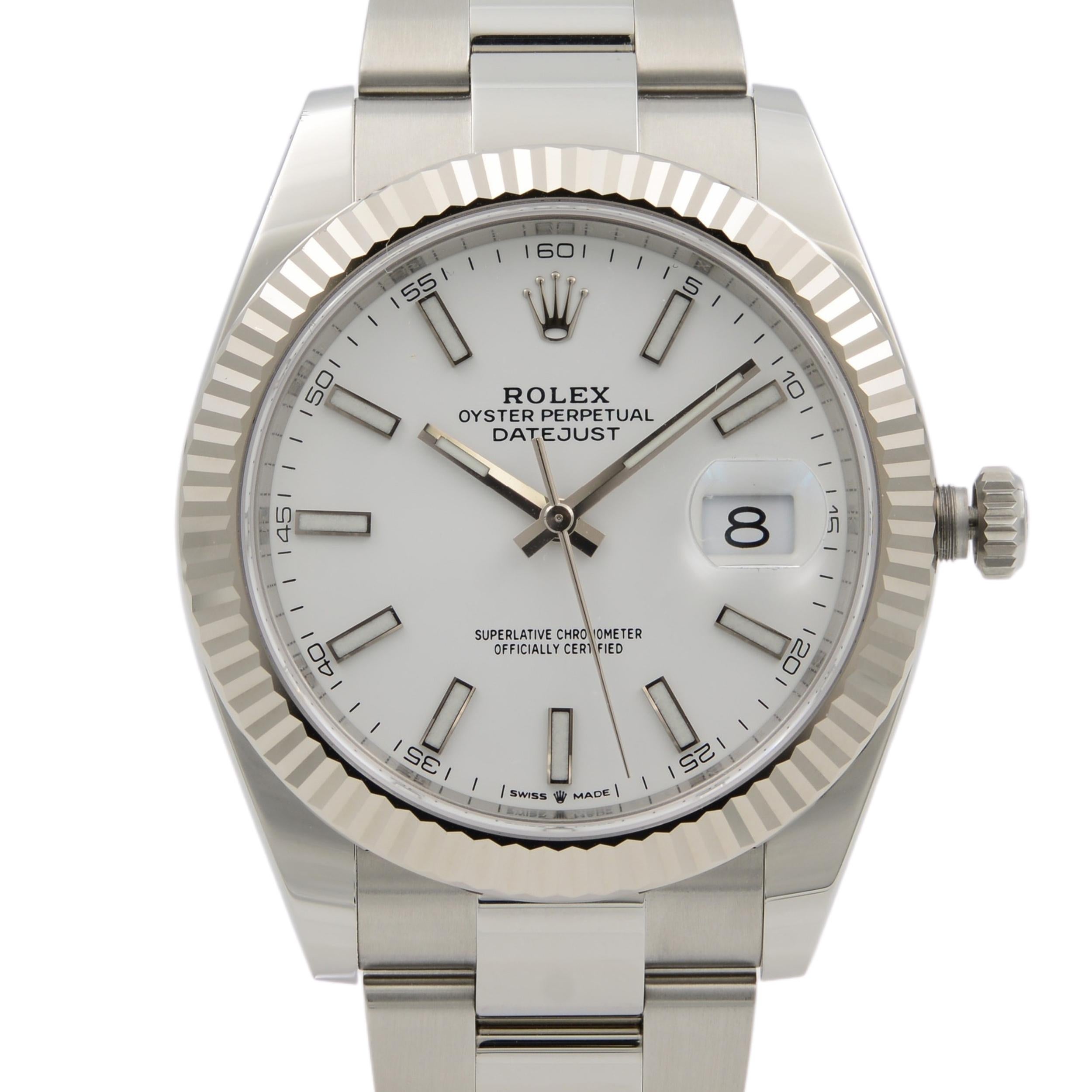 Unworn. The original box and papers.

Details:
Brand Rolex
Department Men
Model Number 126334
Country/Region of Manufacture Switzerland
Model Rolex Datejust 126334
Style Dress/Formal, Luxury
Movement Mechanical (Automatic)
Band Color Steel
Band