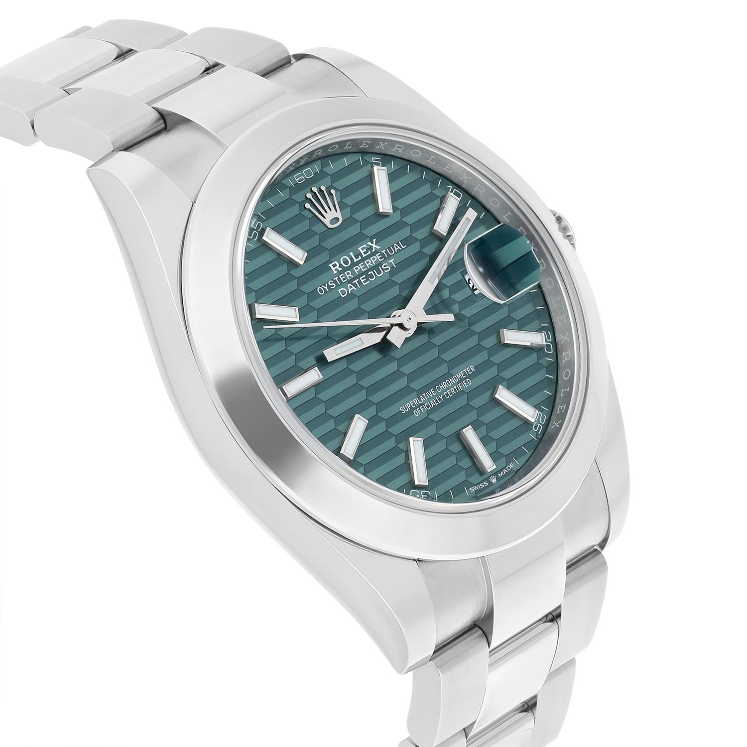 Rolex Datejust 41 Steel Green Motif Index Dial Mens Oyster Watch Unworn 126300 In New Condition In New York, NY