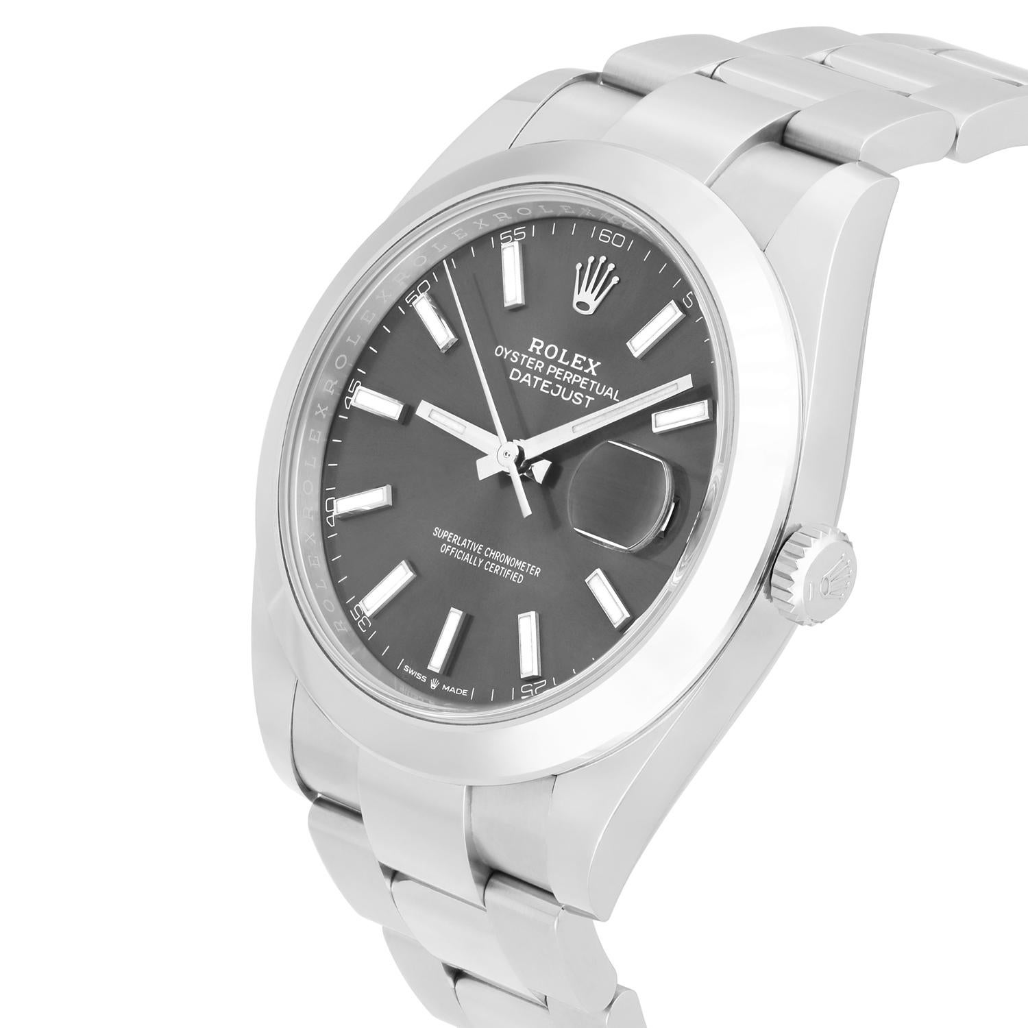Modern Rolex Datejust 41 Steel Grey Index Dial Mens Oyster Watch Complete 126300 For Sale