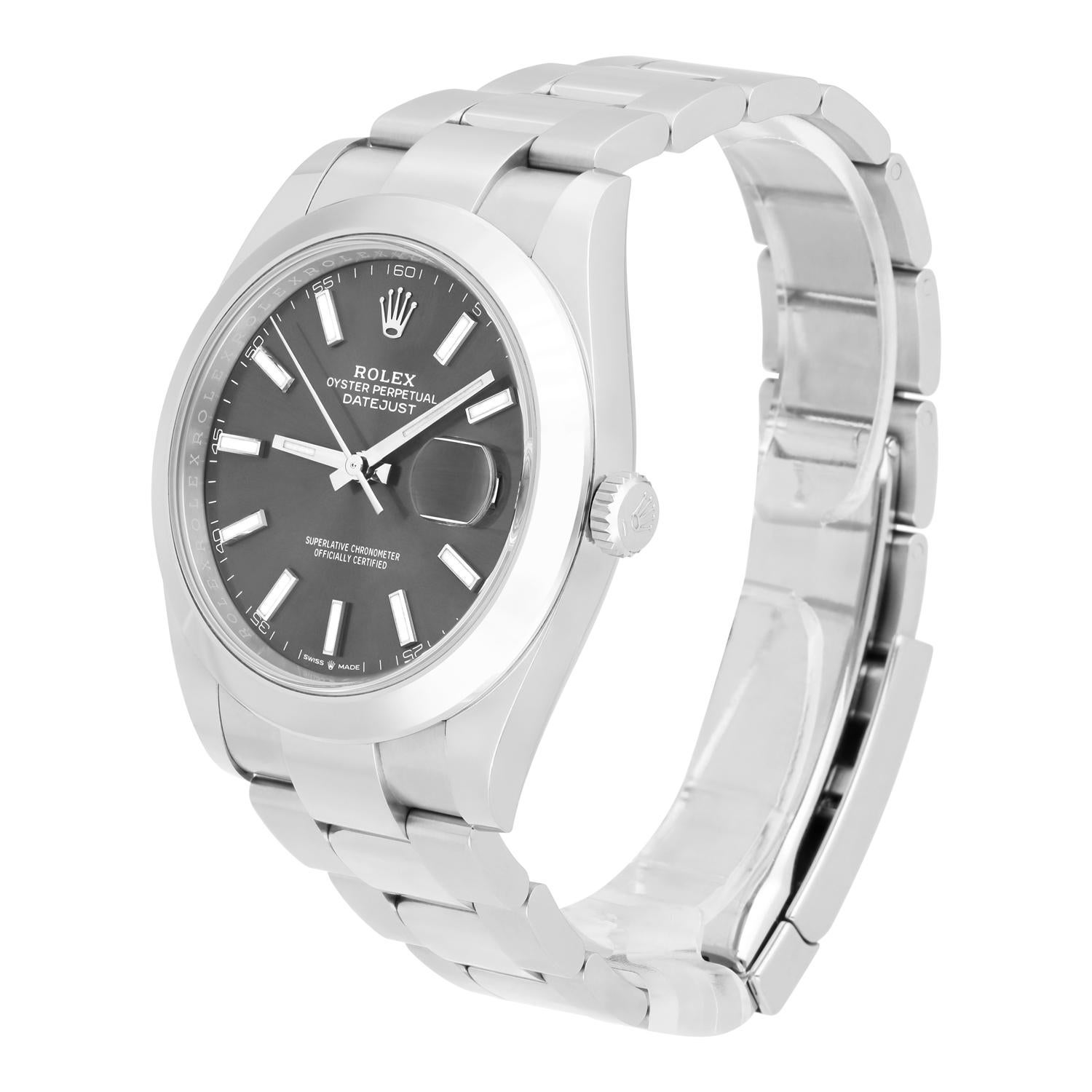Rolex Datejust 41 Steel Grey Index Dial Mens Oyster Watch Complete 126300 In Excellent Condition For Sale In New York, NY