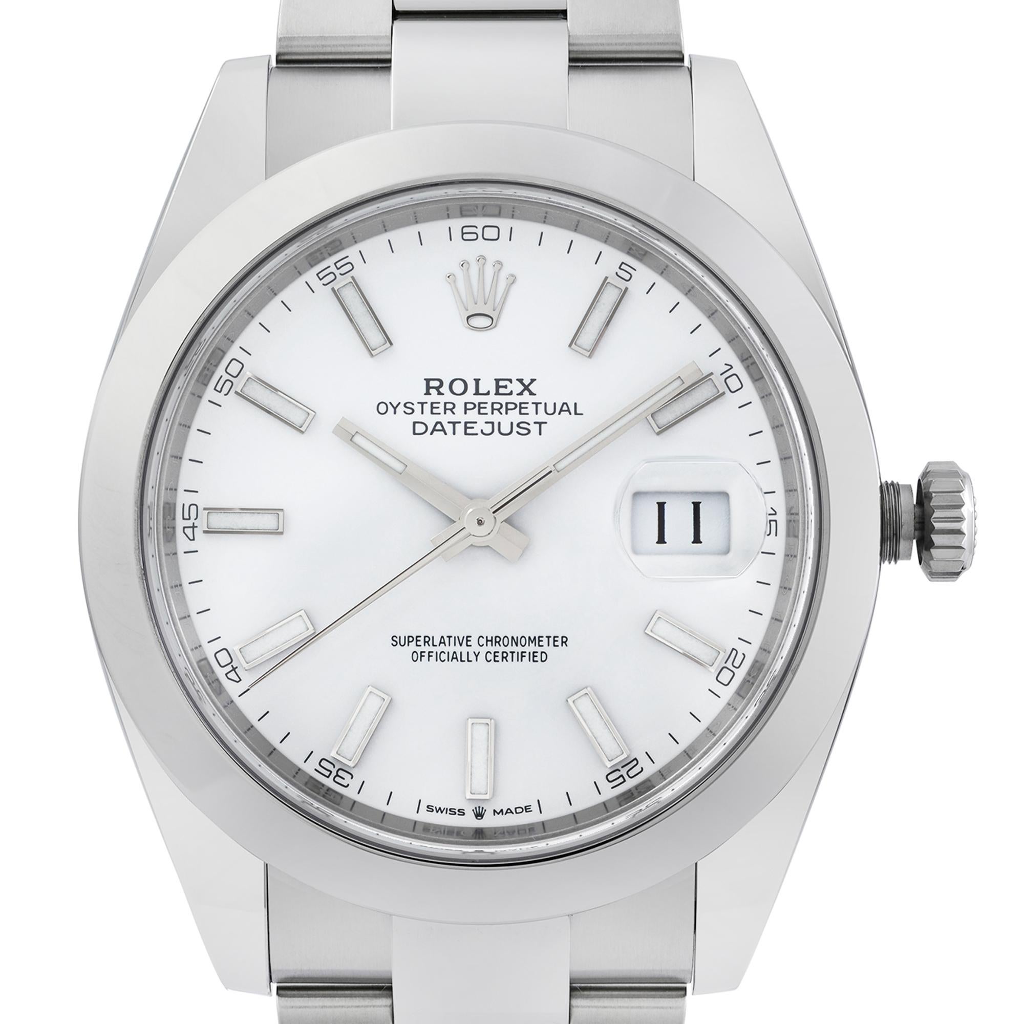 2020 Card. Super Mint Close to new Condition. . Pre-owned Rolex Datejust 41mm Steel White Dial Automatic Men's Watch.  Original Box and Papers are included Covered by a one-year Chronostore warranty.
Details:
Brand Rolex
Color White
Department