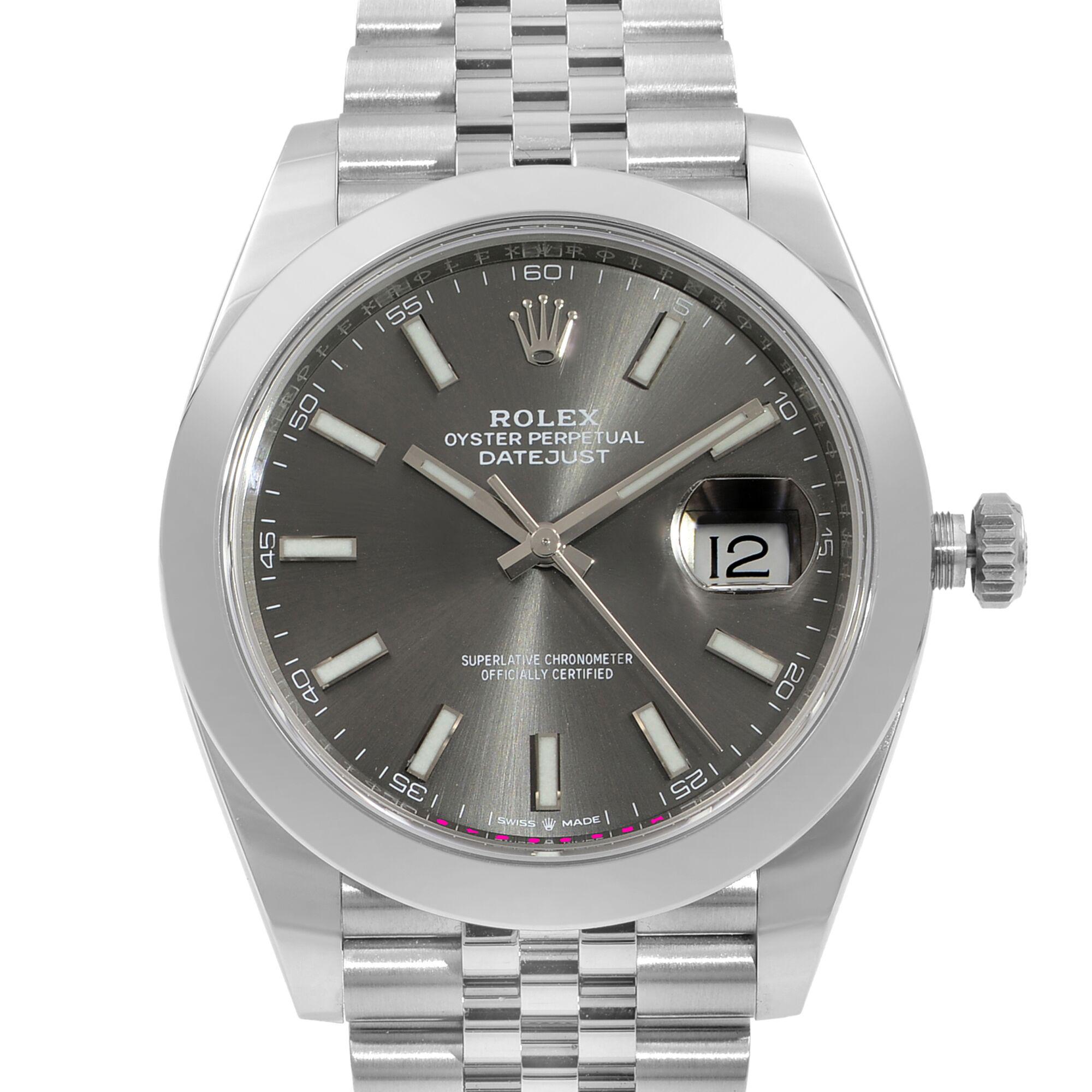 This Unworn Rolex Datejust 41 126300-RHOSJ is a beautiful men's timepiece that is powered by mechanical (automatic) movement which is cased in a stainless steel case. It has a round shape face, date indicator dial and has hand sticks style markers.
