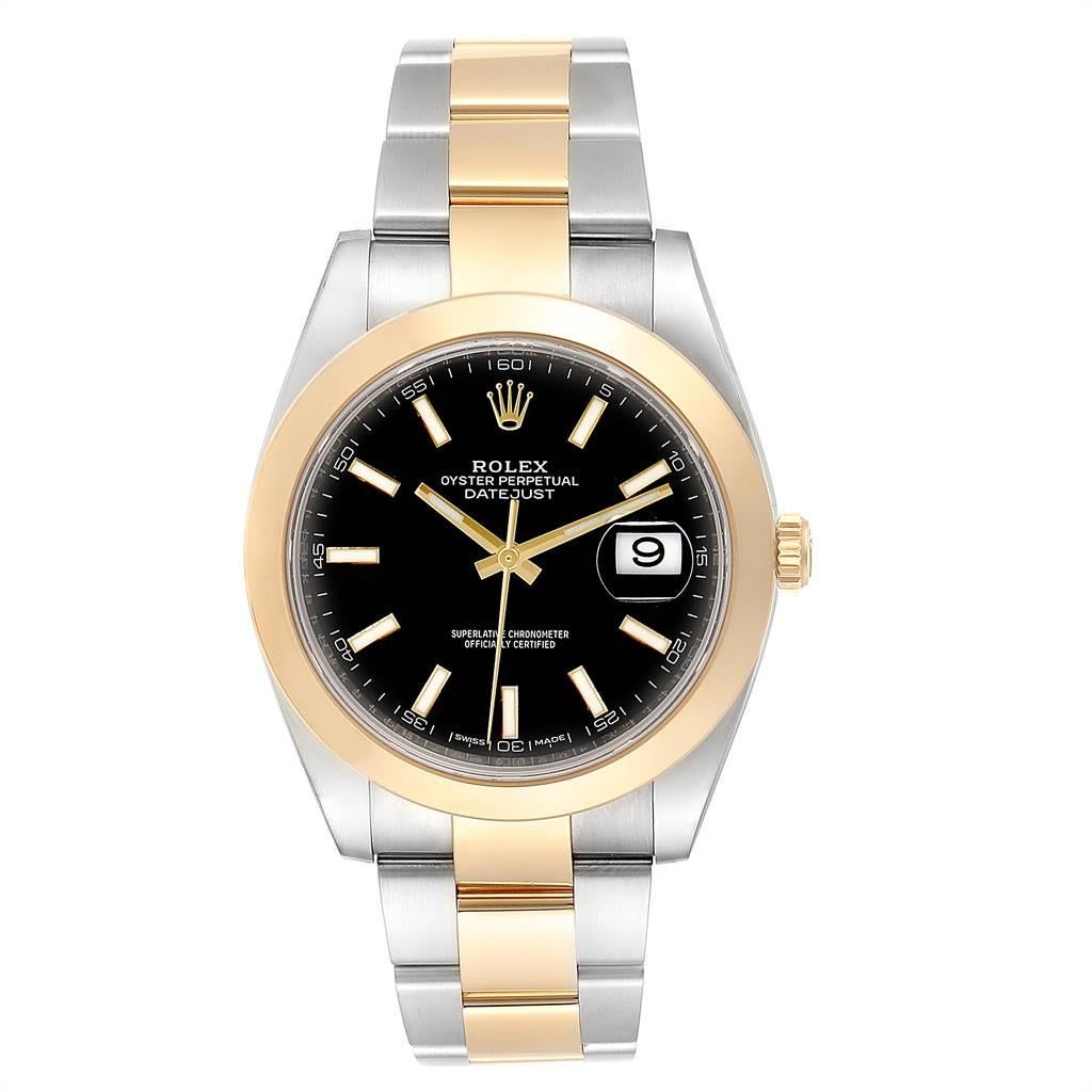 Rolex Datejust 41 Steel Rose Gold Black Dial Mens Watch 126303 Box Card. Officially certified chronometer self-winding movement. Stainless steel and 18K everose gold case 41.0 mm in diameter. Rolex logo on a crown. 18K rose gold smooth domed bezel.