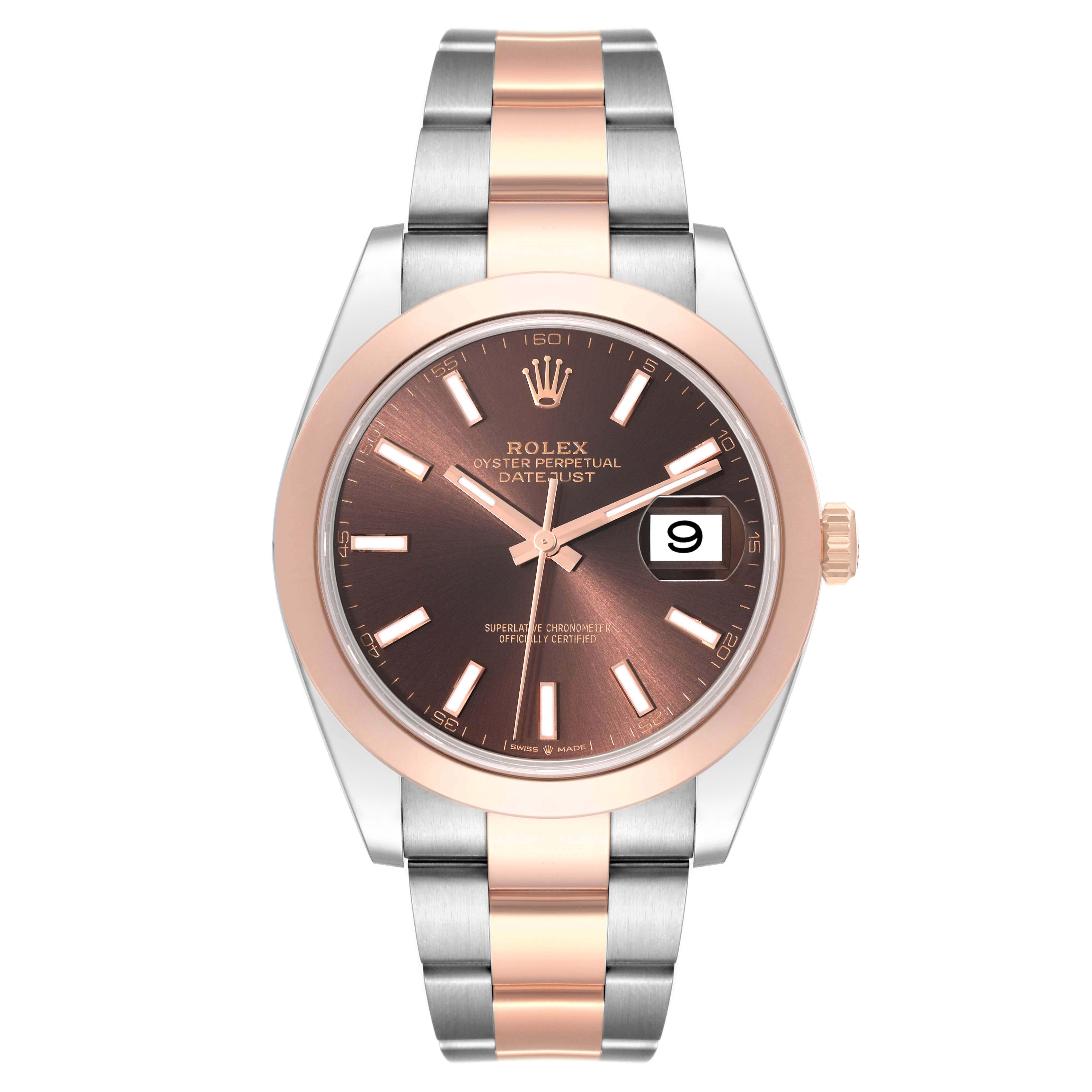 Rolex Datejust 41 Steel Rose Gold Brown Dial Mens Watch 126301 Box Card. Officially certified chronometer self-winding movement. Stainless steel and 18K everose gold case 41.0 mm in diameter. Rolex logo on a crown. 18K rose gold smooth domed bezel.