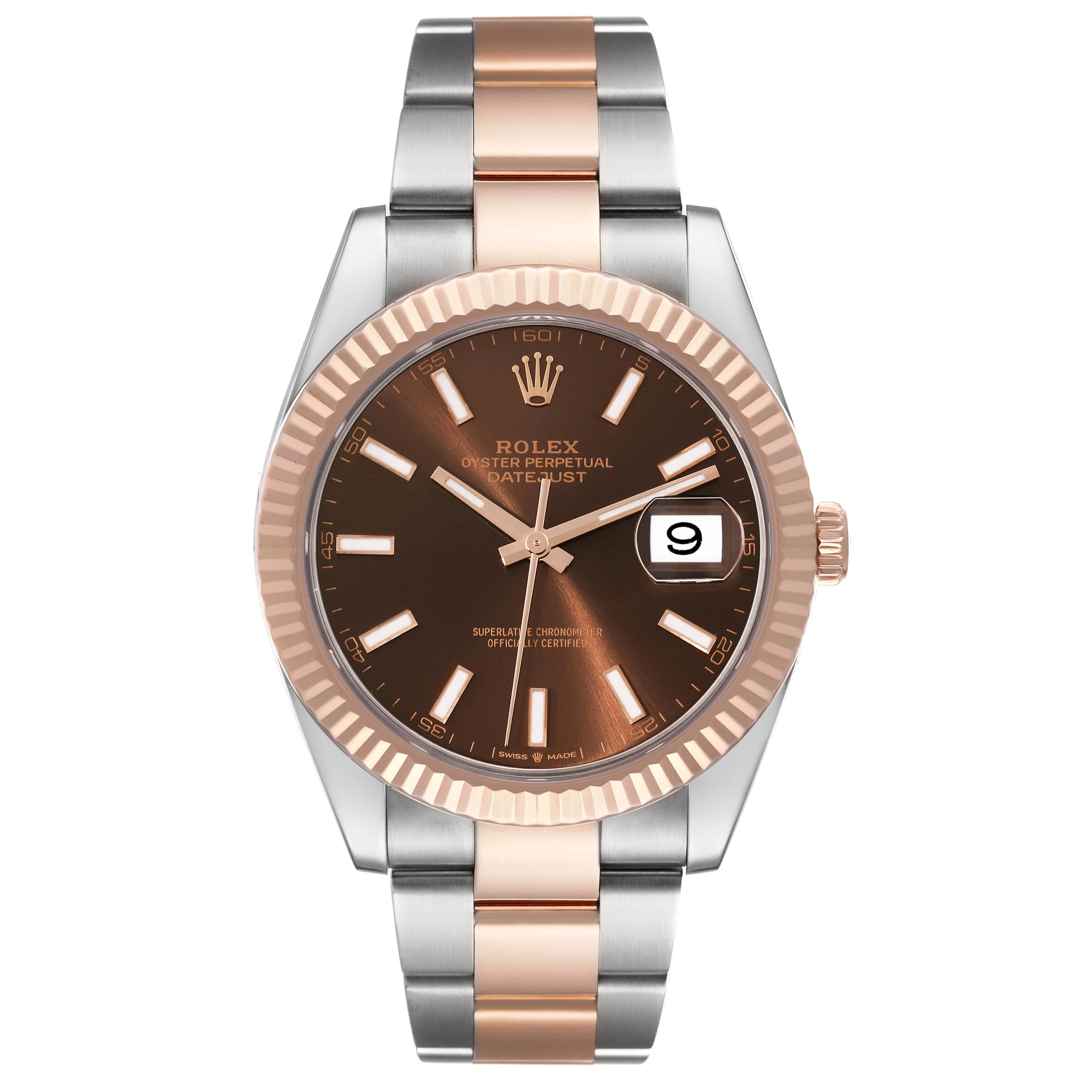 Rolex Datejust 41 Steel Rose Gold Chocolate Dial Mens Watch 126331 Box Card. Officially certified chronometer automatic self-winding movement. Stainless steel and 18K Everose gold case 41.0 mm in diameter. Rolex logo on the crown. 18K Everose gold