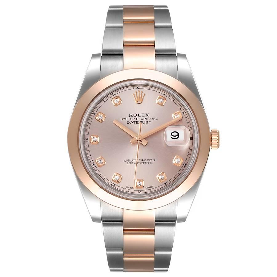 Rolex Datejust 41 Steel Rose Gold Diamond Dial Mens Watch 126301 Box Card. Officially certified chronometer self-winding movement. Stainless steel and 18K everose gold case 41.0 mm in diameter. Rolex logo on a crown. 18K rose gold smooth domed