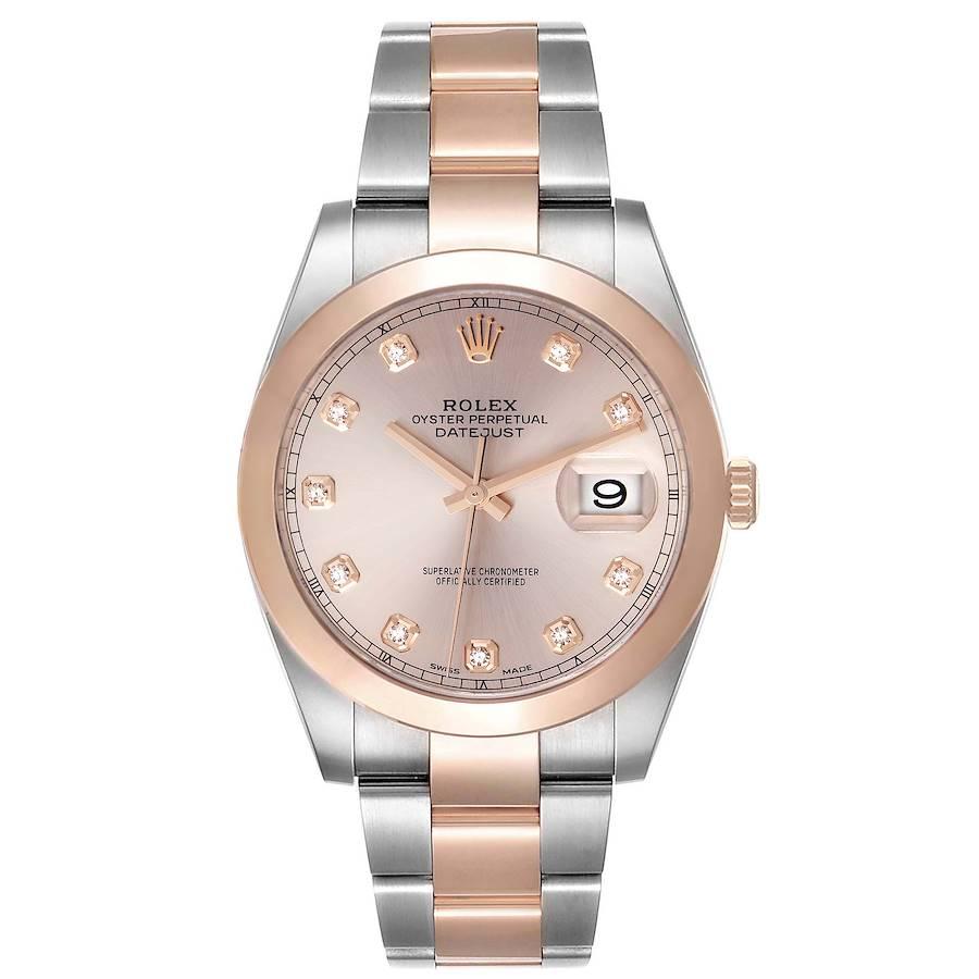 Rolex Datejust 41 Steel Rose Gold Diamond Dial Mens Watch 126301 Unworn. Officially certified chronometer self-winding movement. Stainless steel and 18K everose gold case 41.0 mm in diameter. Rolex logo on a crown. 18K rose gold smooth domed bezel.