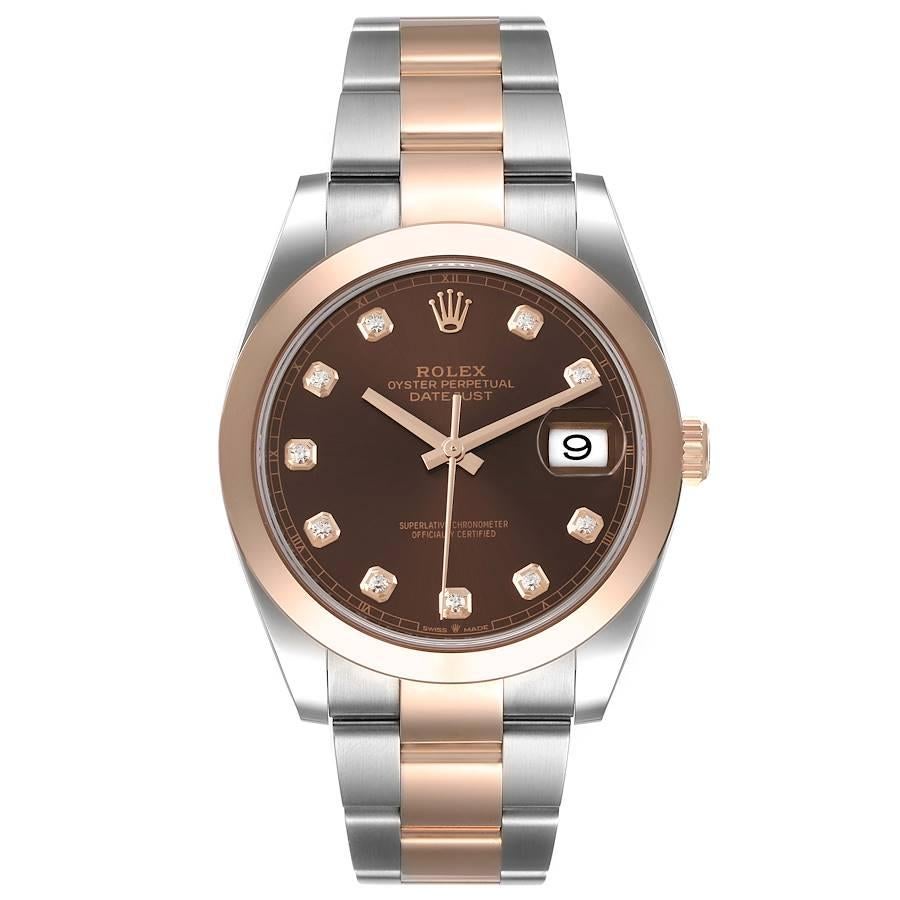 Rolex Datejust 41 Steel Rose Gold Diamond Dial Mens Watch 126301 Unworn. Officially certified chronometer self-winding movement. Stainless steel and 18K everose gold case 41.0 mm in diameter. Rolex logo on a crown. 18K rose gold smooth domed bezel.