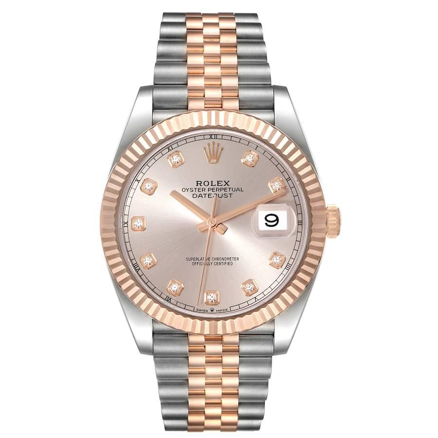 Rolex Datejust 41 Steel Rose Gold Diamond Dial Mens Watch 126331 Box Card. Officially certified chronometer self-winding movement. Stainless steel and 18K everose gold case 41.0 mm in diameter. Rolex logo on a crown. 18K rose gold fluted bezel.