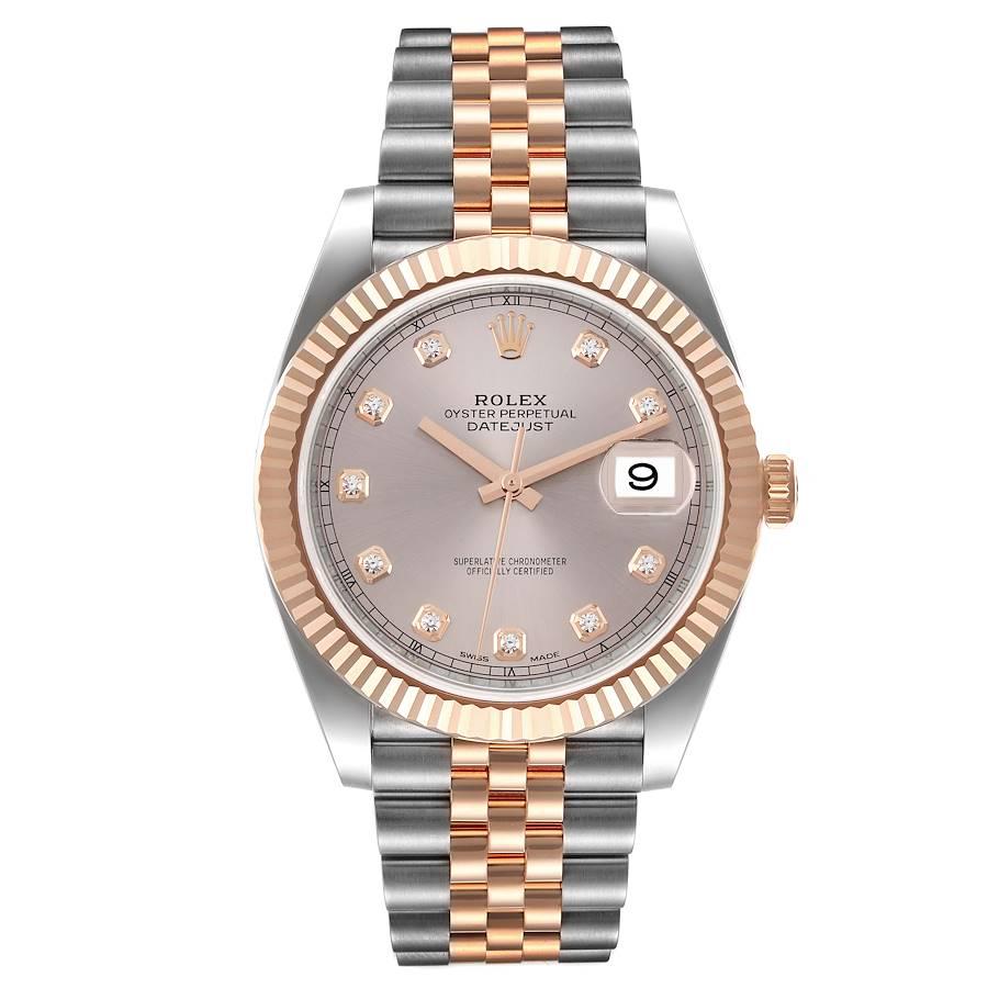 Rolex Datejust 41 Steel Rose Gold Diamond Dial Mens Watch 126331. Officially certified chronometer self-winding movement. Stainless steel and 18K everose gold case 41.0 mm in diameter. Rolex logo on a crown. 18K rose gold fluted bezel. Scratch