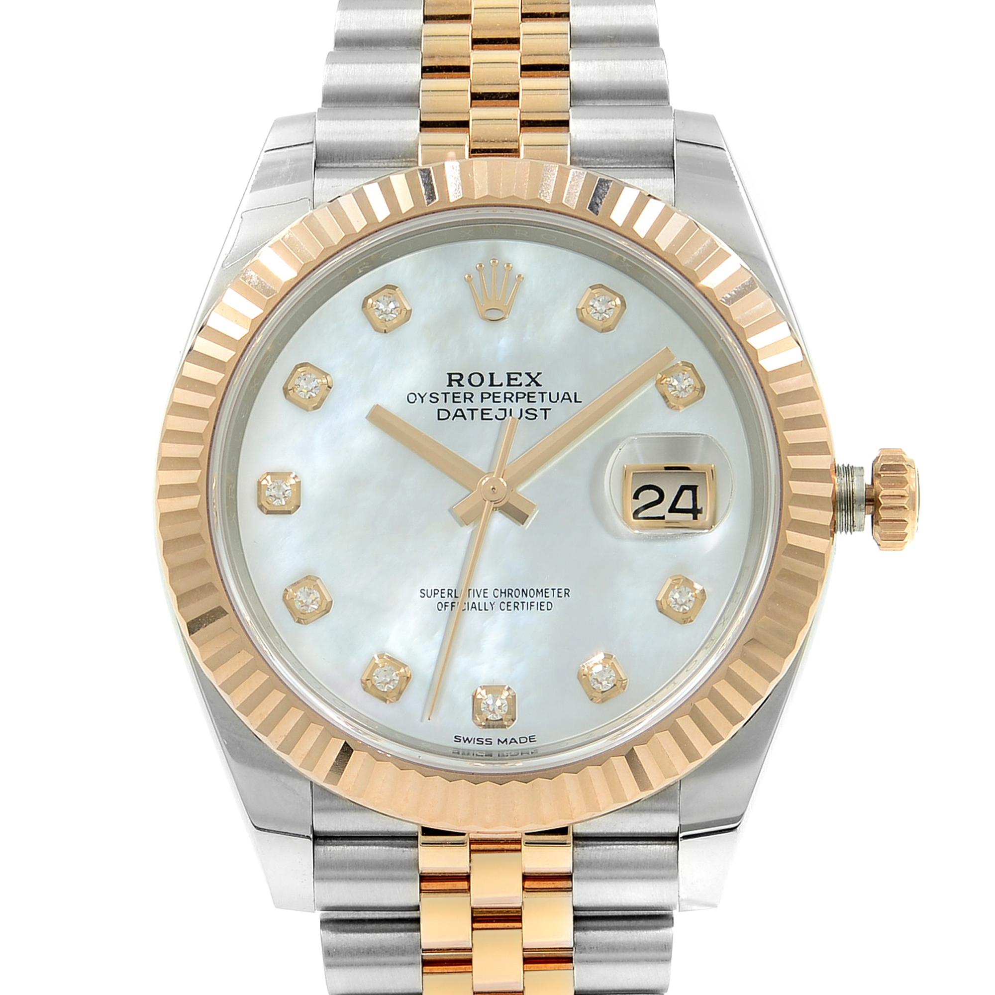 This  never been worn  Rolex Datejust 41 126331 mdj is a beautiful men's timepiece that is powered by mechanical (automatic) movement which is cased in a stainless steel case. It has a round shape face, date indicator, diamonds dial and has hand