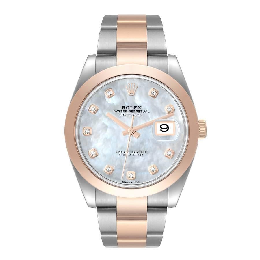 Rolex Datejust 41 Steel Rose Gold Mother of Pearl Diamond Dial Mens Watch 126301. Officially certified chronometer automatic self-winding movement. Stainless steel and 18K everose gold case 41.0 mm in diameter. Rolex logo on a crown. 18K rose gold