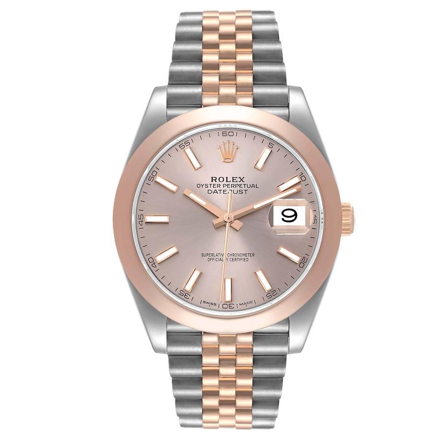 Rolex Datejust 41 Steel Rose Gold Sundust Dial Mens Watch 126301 Box Card. Officially certified chronometer automatic self-winding movement. Stainless steel and 18K everose gold case 41.0 mm in diameter. Rolex logo on the crown. 18K rose gold smooth