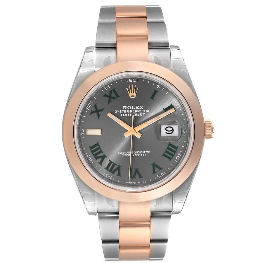 Rolex Datejust 41 Steel Rose Gold Wimbledon Dial Mens Watch 126301 Unworn. Officially certified chronometer self-winding movement. Stainless steel and 18K everose gold case 41.0 mm in diameter. Rolex logo on a crown. 18K rose gold smooth domed