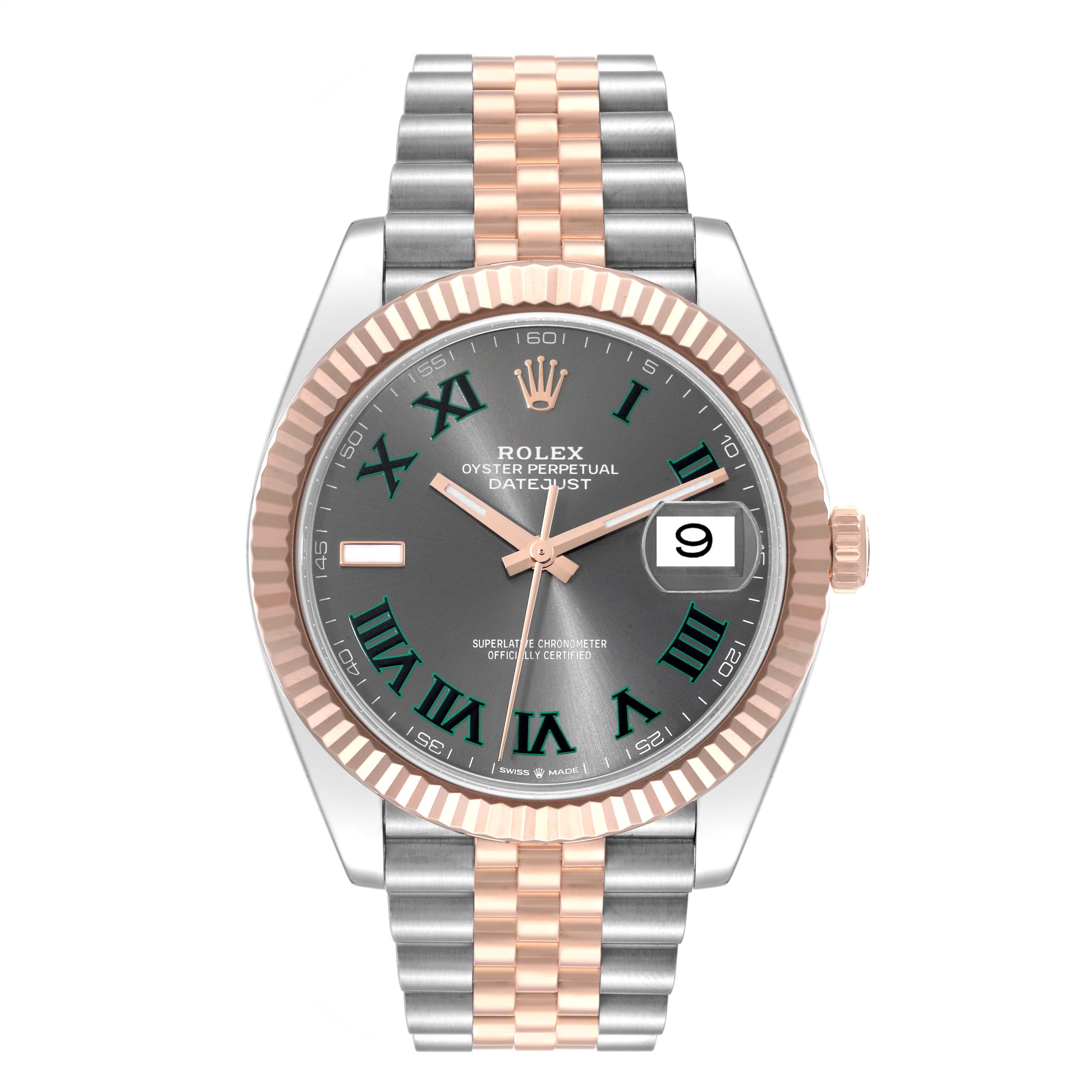 Rolex Datejust 41 Steel Rose Gold Wimbledon Dial Mens Watch 126331. Officially certified chronometer self-winding movement. Stainless steel and 18K rose gold case 41.0 mm in diameter. Rolex logo on a crown. 18K rose gold fluted bezel. Scratch