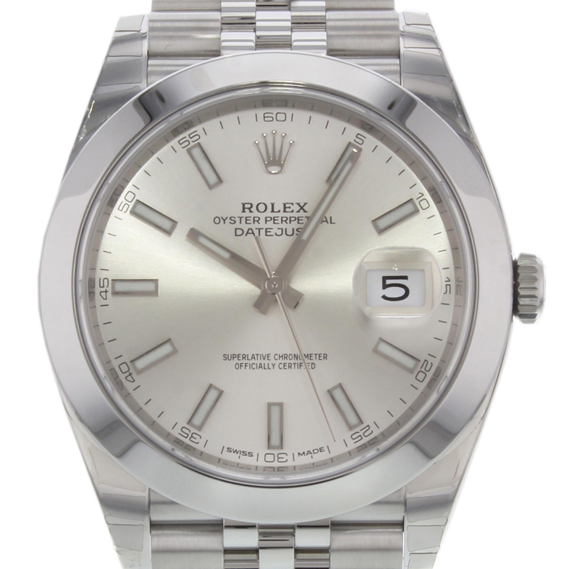 This brand new Rolex Datejust 41 126300 sij  is a beautiful men's timepiece that is powered by mechanical (automatic) movement which is cased in a stainless steel case. It has a round shape face, date indicator dial and has hand sticks style