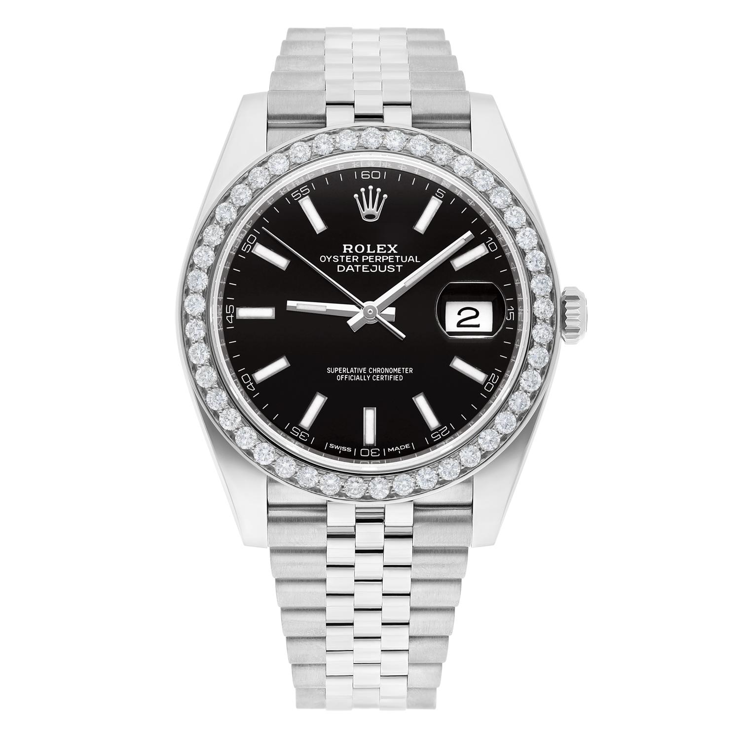Rolex Datejust 41 Steel Watch Black Index Dial Diamond Bezel Mens Jubilee Band 126300

Unworn piece. Due to custom bezel sale comes with a Rolex box, Appraisal Certificate, In-house Mechanical Warranty, Lifetime Diamond Replacement Warranty.