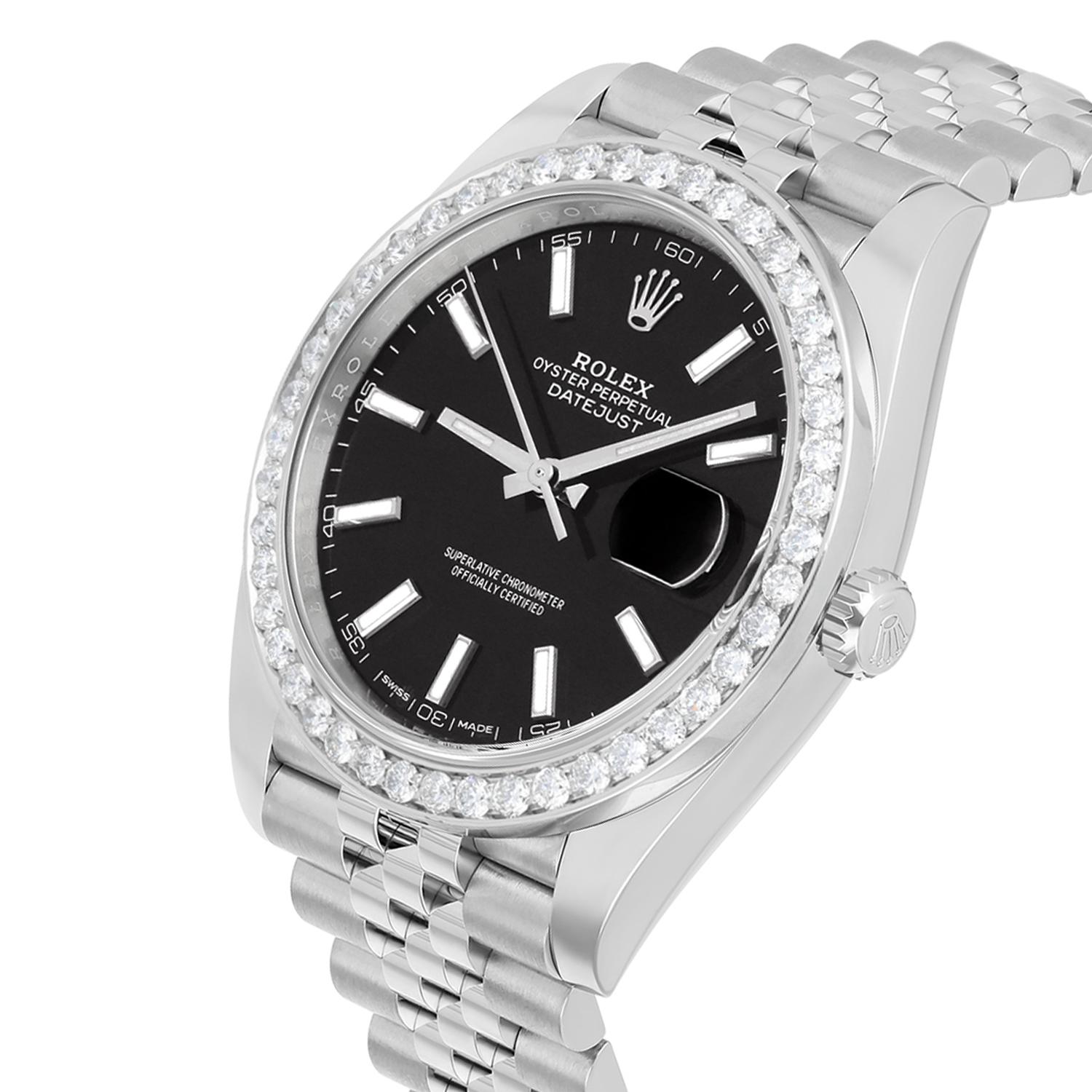 Modern Rolex Datejust 41 Steel Watch Black Index Dial Diamonds Mens Jubilee Band 126300 For Sale