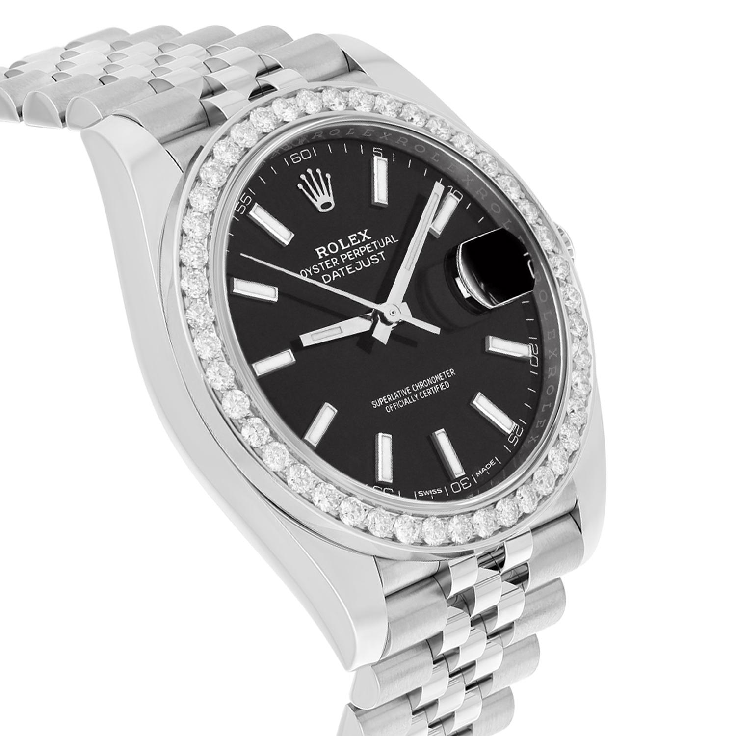 Round Cut Rolex Datejust 41 Steel Watch Black Index Dial Diamonds Mens Jubilee Band 126300 For Sale