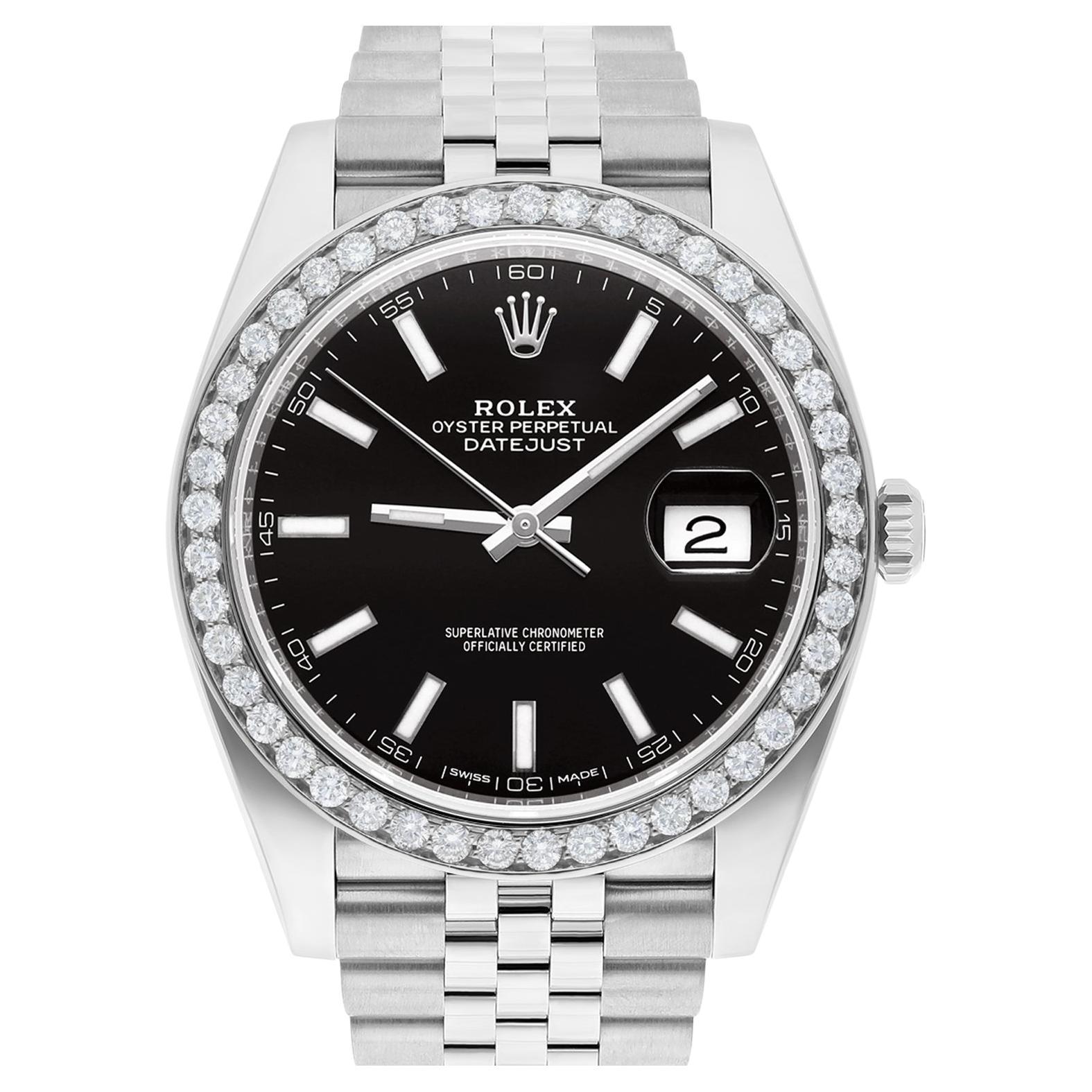 Rolex Datejust 41 Steel Watch Black Index Dial Diamonds Mens Jubilee Band 126300 For Sale