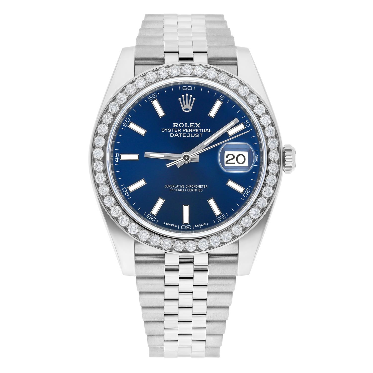Rolex Datejust 41 Steel Watch Blue Index Dial Diamond Bezel Mens Jubilee Band 126300

Unworn piece. Due to custom bezel sale comes with a Rolex box, Appraisal Certificate, In-house Mechanical Warranty, Lifetime Diamond Replacement Warranty. Diamonds