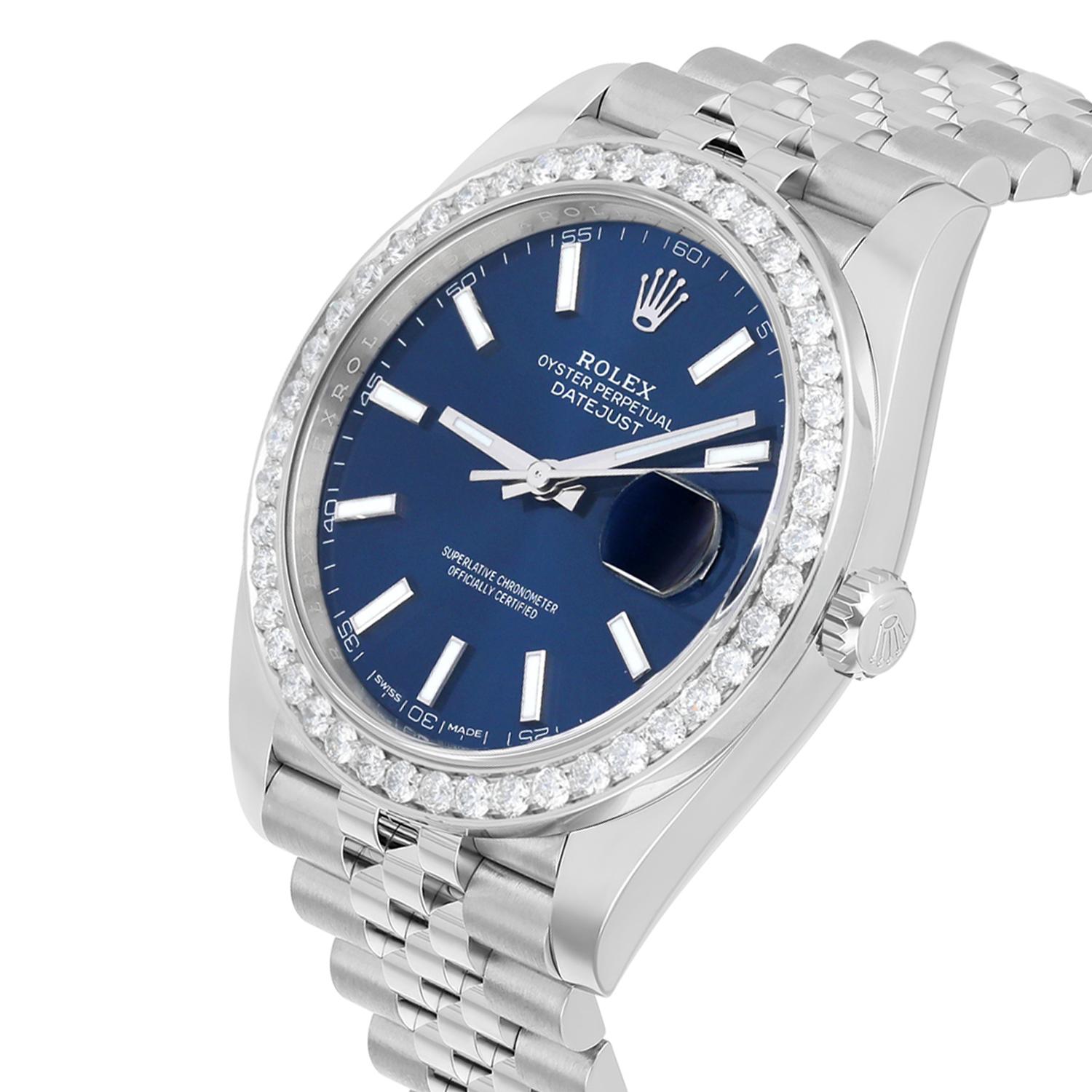 Modern Rolex Datejust 41 Steel Watch Blue Index Dial Diamonds Mens Jubilee Band 126300 For Sale
