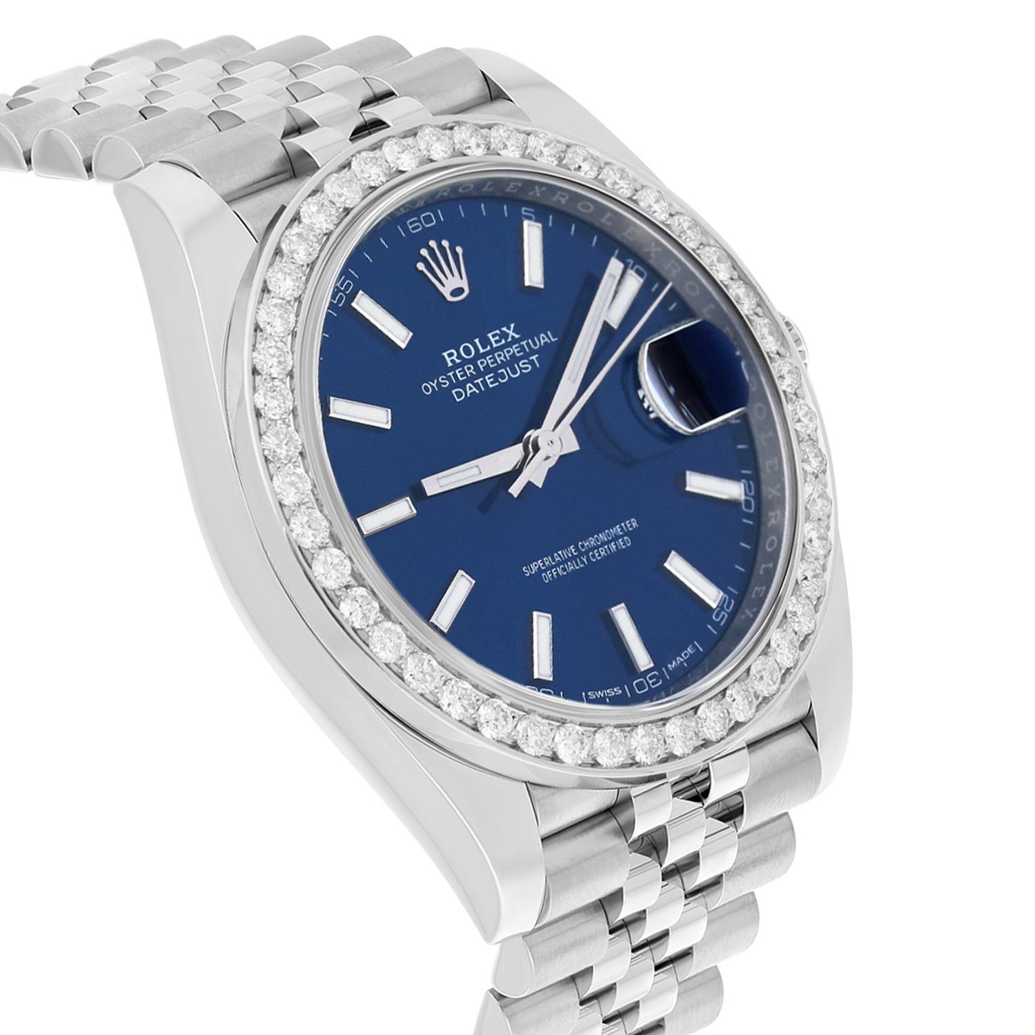 Round Cut Rolex Datejust 41 Steel Watch Blue Index Dial Diamonds Mens Jubilee Band 126300 For Sale
