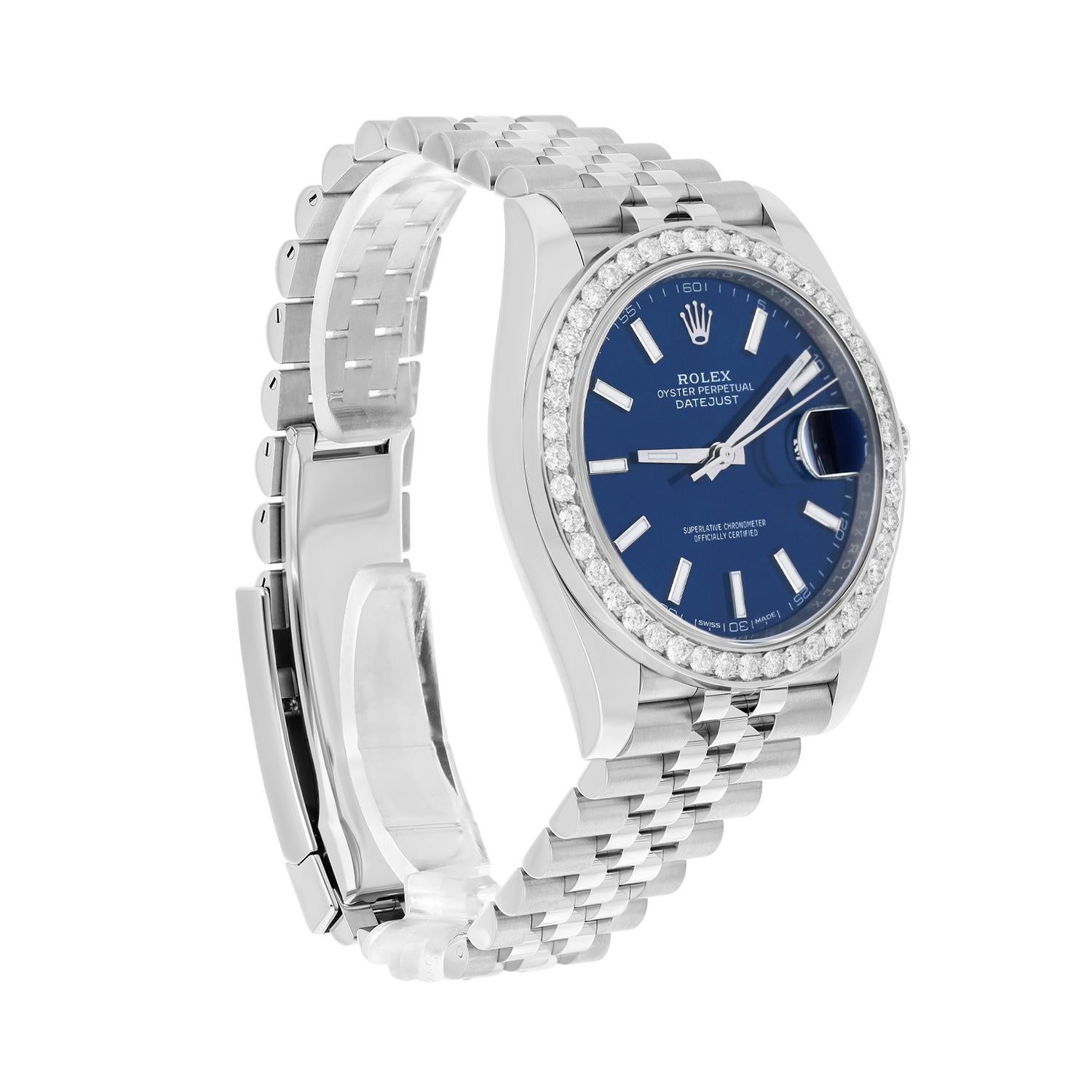 Men's Rolex Datejust 41 Steel Watch Blue Index Dial Diamonds Mens Jubilee Band 126300 For Sale