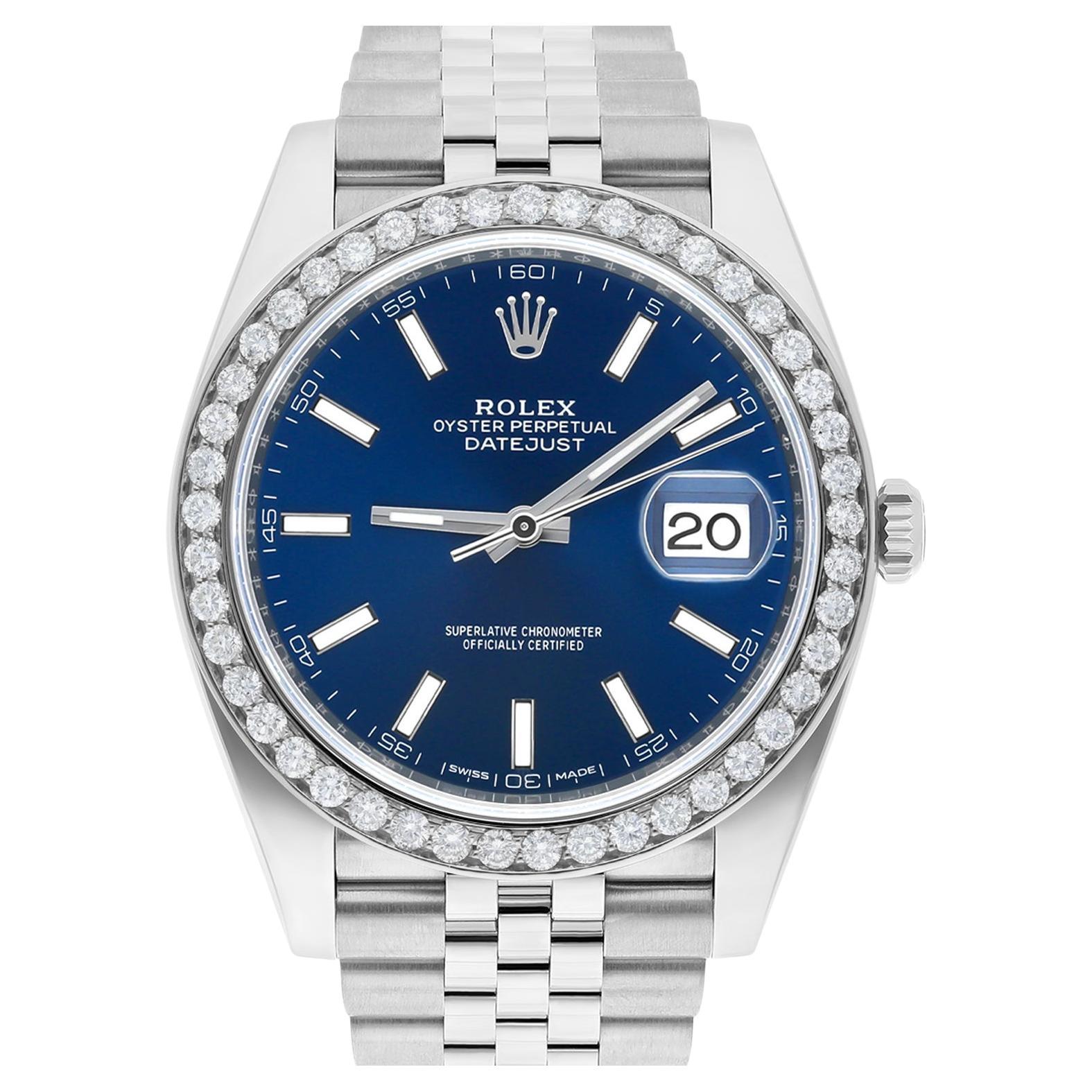 Rolex Datejust 41 Steel Watch Blue Index Dial Diamonds Mens Jubilee Band 126300 For Sale