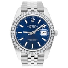 Used Rolex Datejust 41 Steel Watch Blue Index Dial Diamonds Mens Jubilee Band 126300