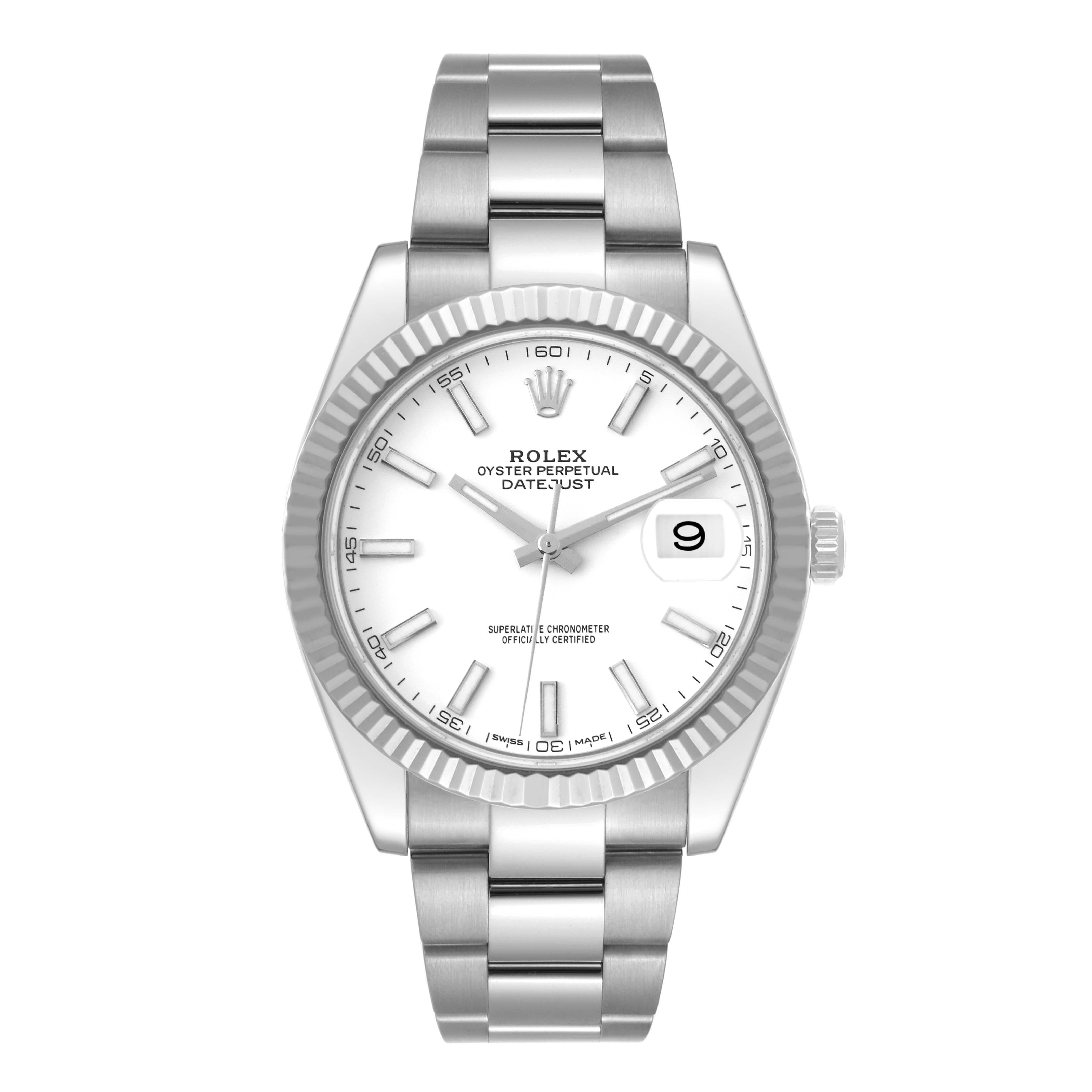 Rolex Datejust 41 Steel White Dial Oyster Bracelet Mens Watch 126334 Box Card. Officially certified chronometer automatic self-winding movement. Stainless steel case 41 mm in diameter. Rolex logo on the crown. 18K white gold fluted bezel. Scratch