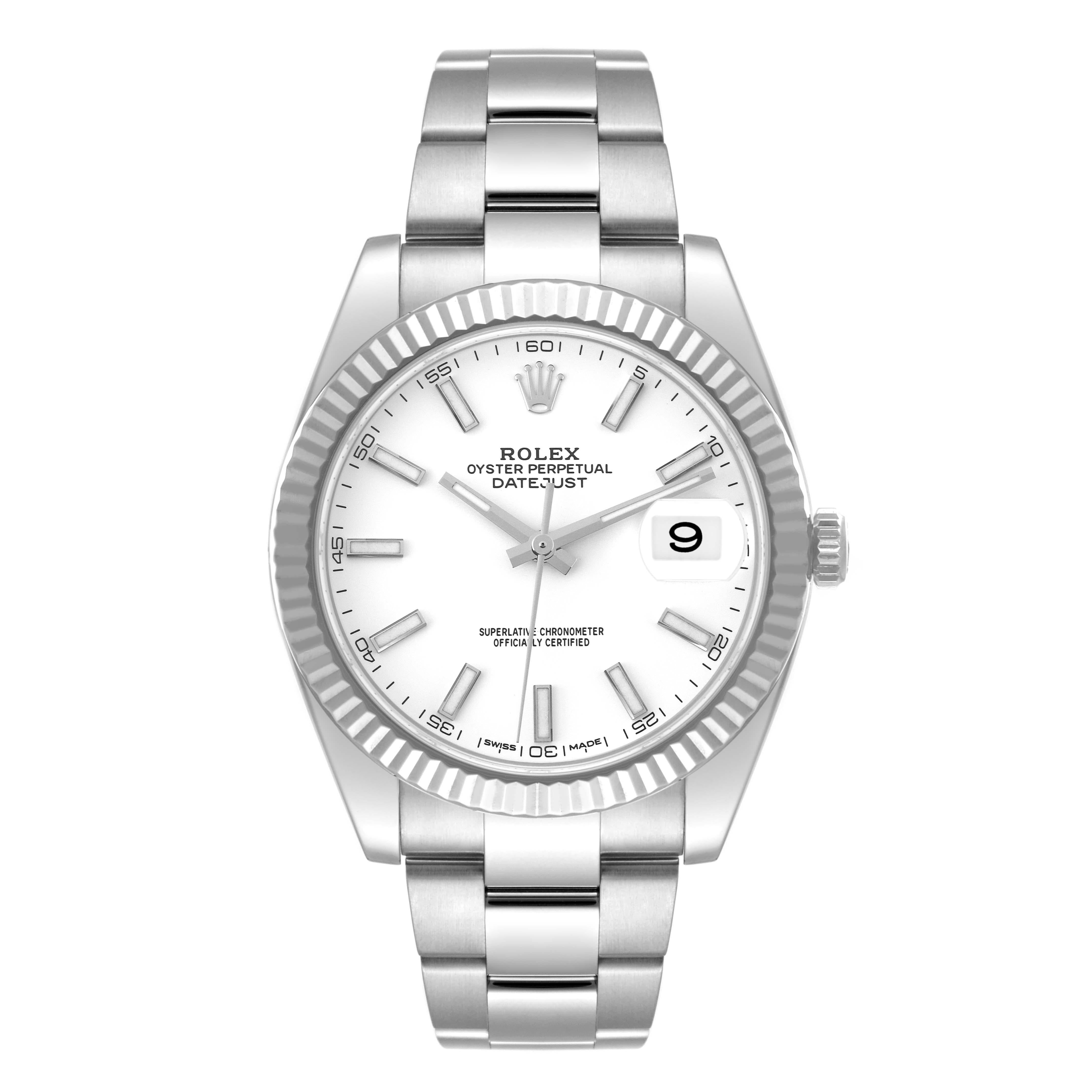 Rolex Datejust 41 Steel White Dial Oyster Bracelet Mens Watch 126334 Box Card. Officially certified chronometer automatic self-winding movement. Stainless steel case 41 mm in diameter. Rolex logo on the crown. 18K white gold fluted bezel. Scratch
