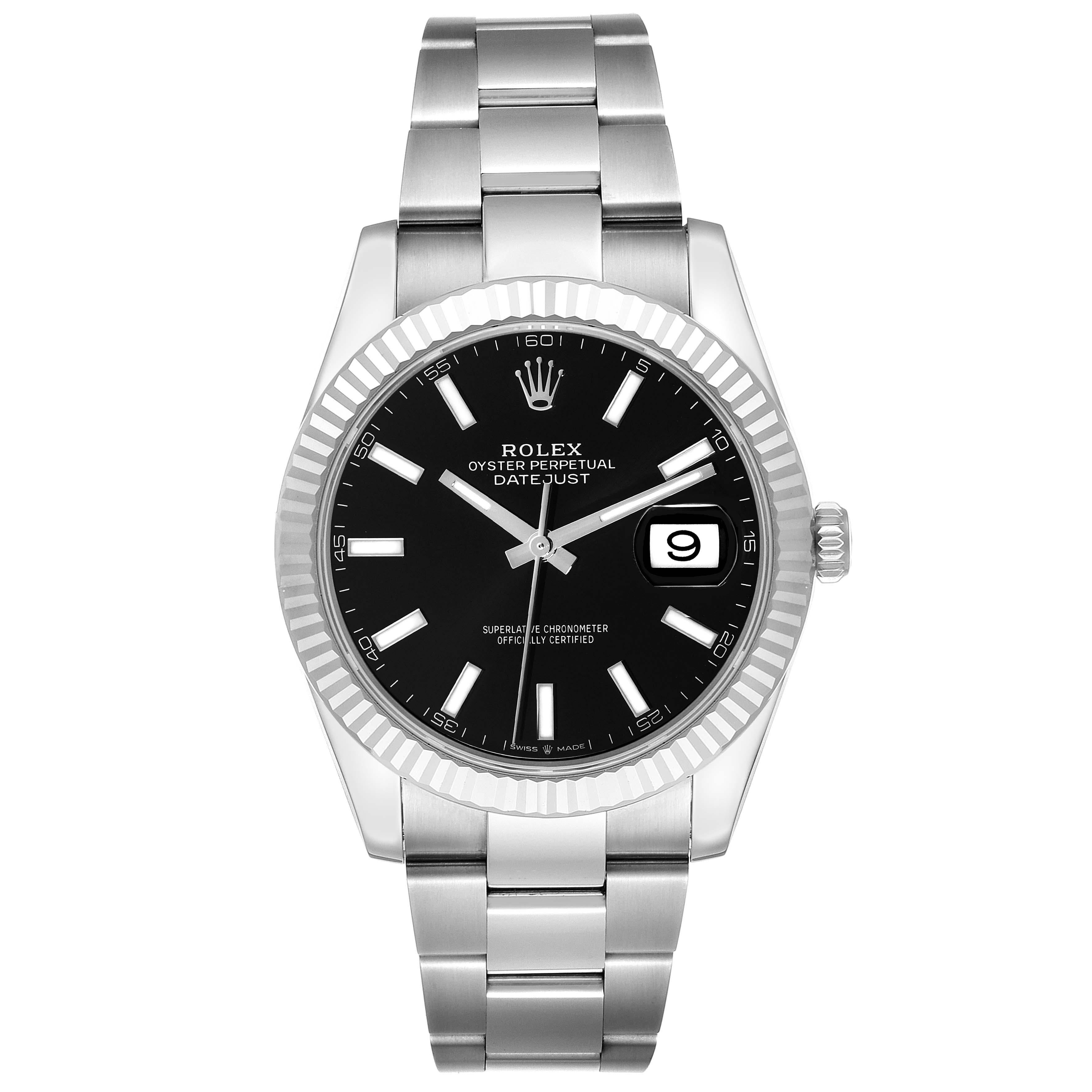 Rolex Datejust 41 Steel White Gold Black Dial Mens Watch 126334 Box Card. Officially certified chronometer automatic self-winding movement. Stainless steel case 41 mm in diameter. Rolex logo on the crown. 18K white gold fluted bezel. Scratch