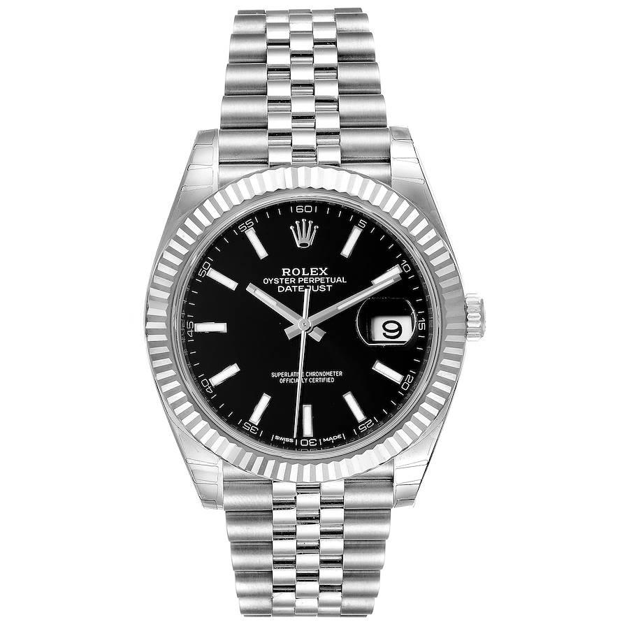 Rolex Datejust 41 Steel White Gold Black Dial Mens Watch 126334 Unworn. Officially certified chronometer automatic self-winding movement. Stainless steel case 41 mm in diameter. Rolex logo on a crown. 18K white gold fluted bezel. Scratch resistant