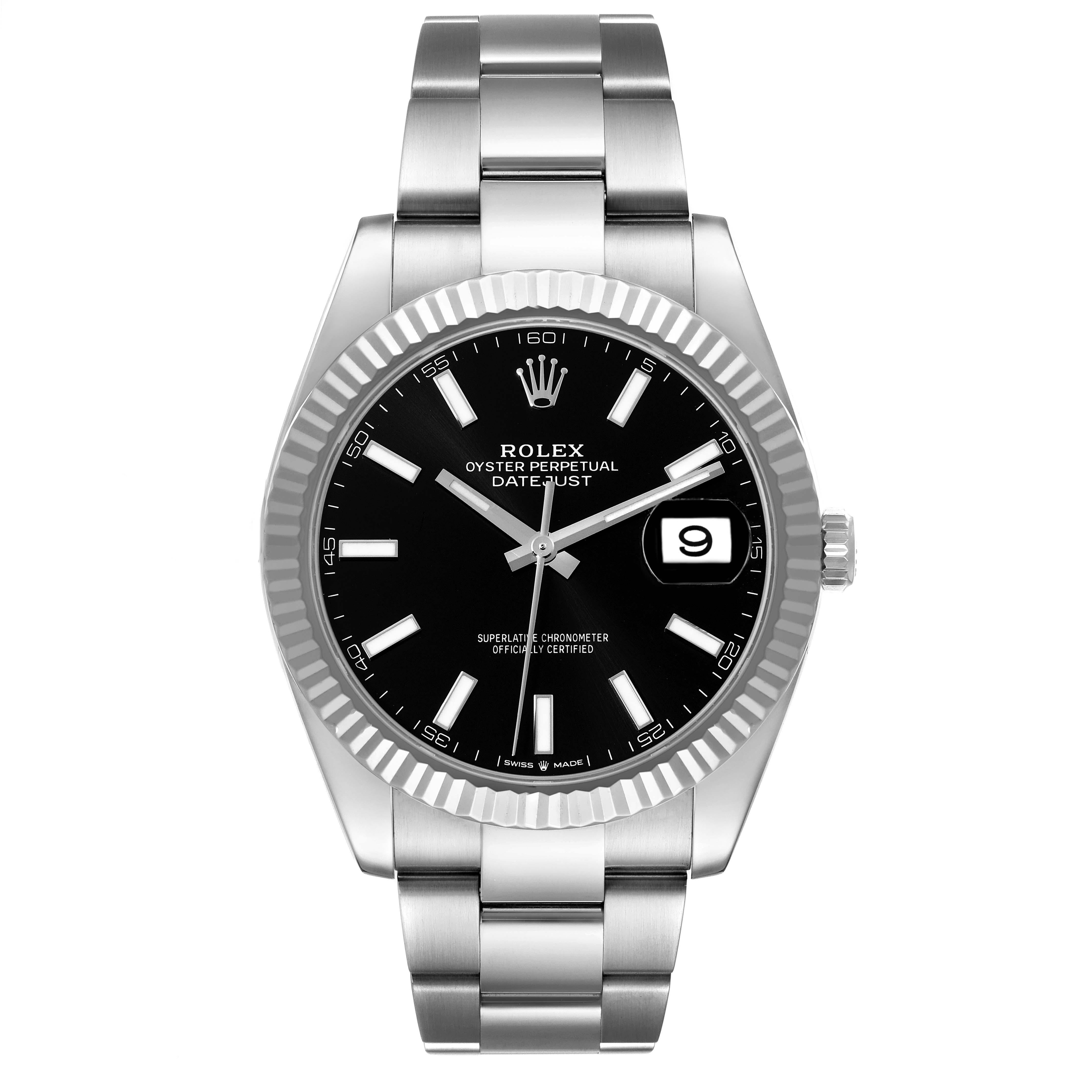 Rolex Datejust 41 Steel White Gold Black Dial Mens Watch 126334 Unworn. Officially certified chronometer automatic self-winding movement. Stainless steel case 41 mm in diameter. Rolex logo on the crown. 18K white gold fluted bezel. Scratch resistant