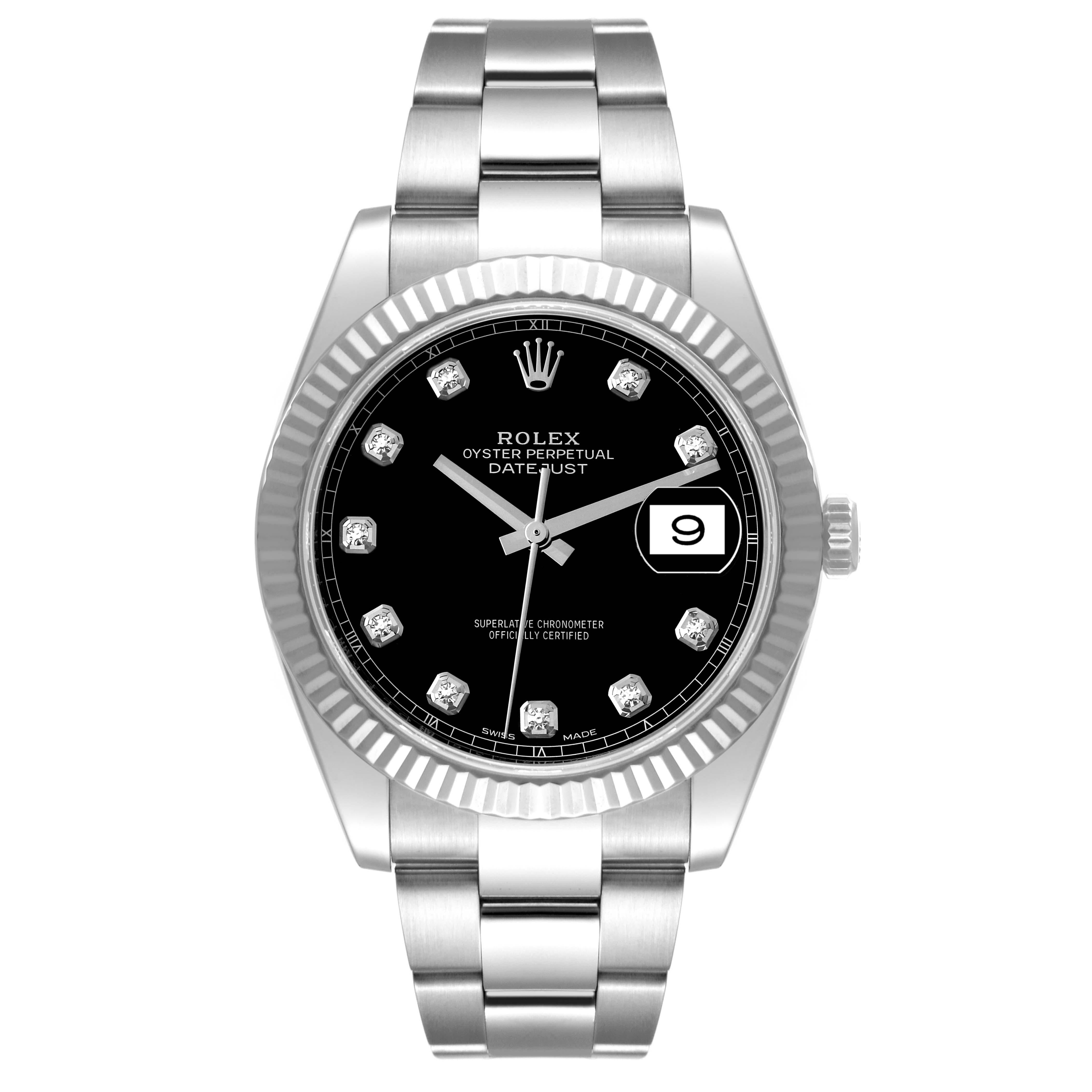 Rolex Datejust 41 Steel White Gold Black Diamond Dial Mens Watch 126334 Box Card. Officially certified chronometer automatic self-winding movement. Stainless steel case 41 mm in diameter. Rolex logo on a crown. 18K white gold fluted bezel. Scratch