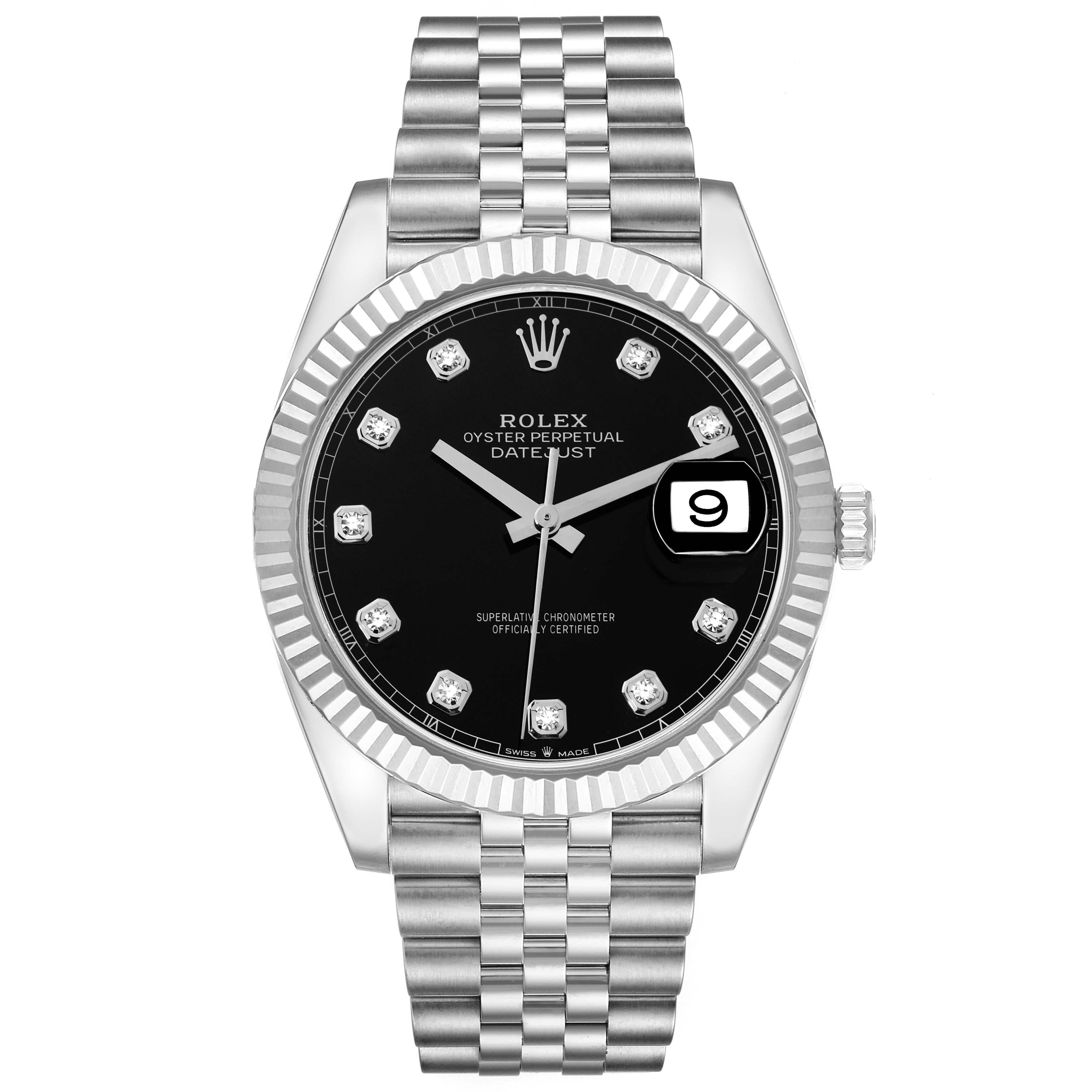 Rolex Datejust 41 Steel White Gold Black Diamond Dial Mens Watch 126334 Box Card. Officially certified chronometer automatic self-winding movement. Stainless steel case 41 mm in diameter. Rolex logo on a crown. 18K white gold fluted bezel. Scratch