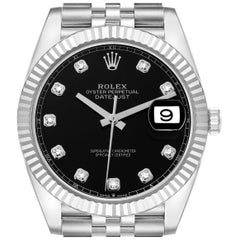 Rolex Datejust 41 Steel White Gold Black Diamond Dial Mens Watch 126334 Box Card