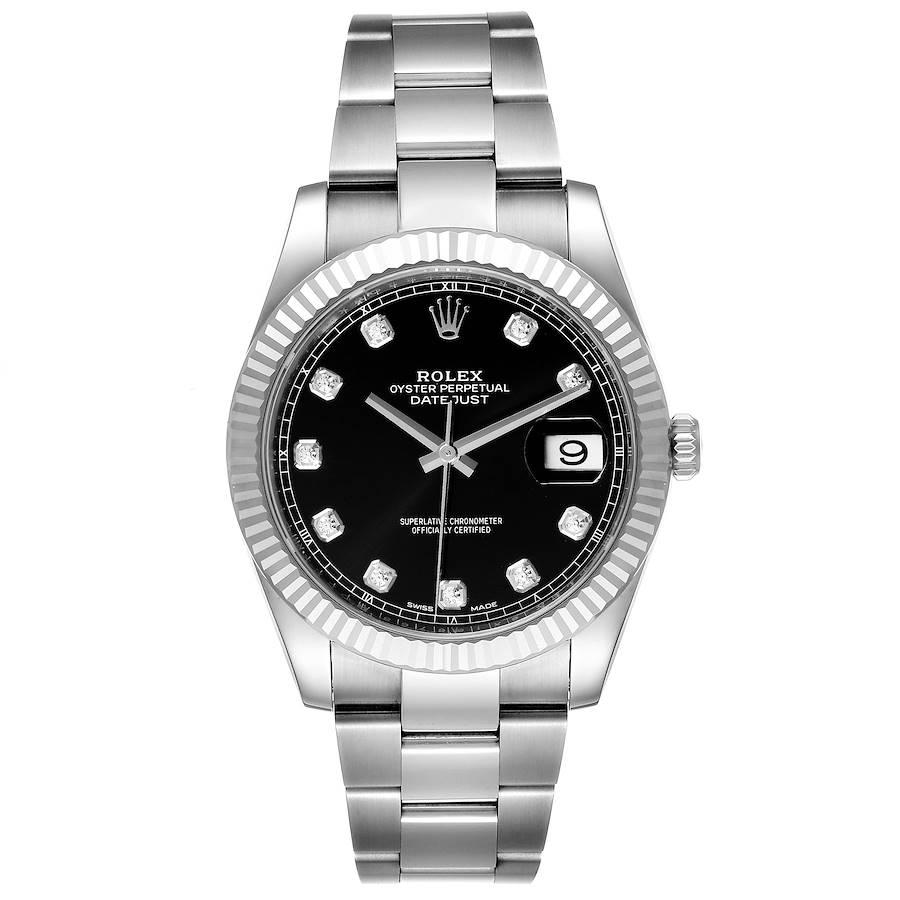 Rolex Datejust 41 Steel White Gold Black Diamond Dial Mens Watch 126334. Officially certified chronometer automatic self-winding movement. Stainless steel case 41 mm in diameter. Rolex logo on a crown. 18K white gold fluted bezel. Scratch resistant