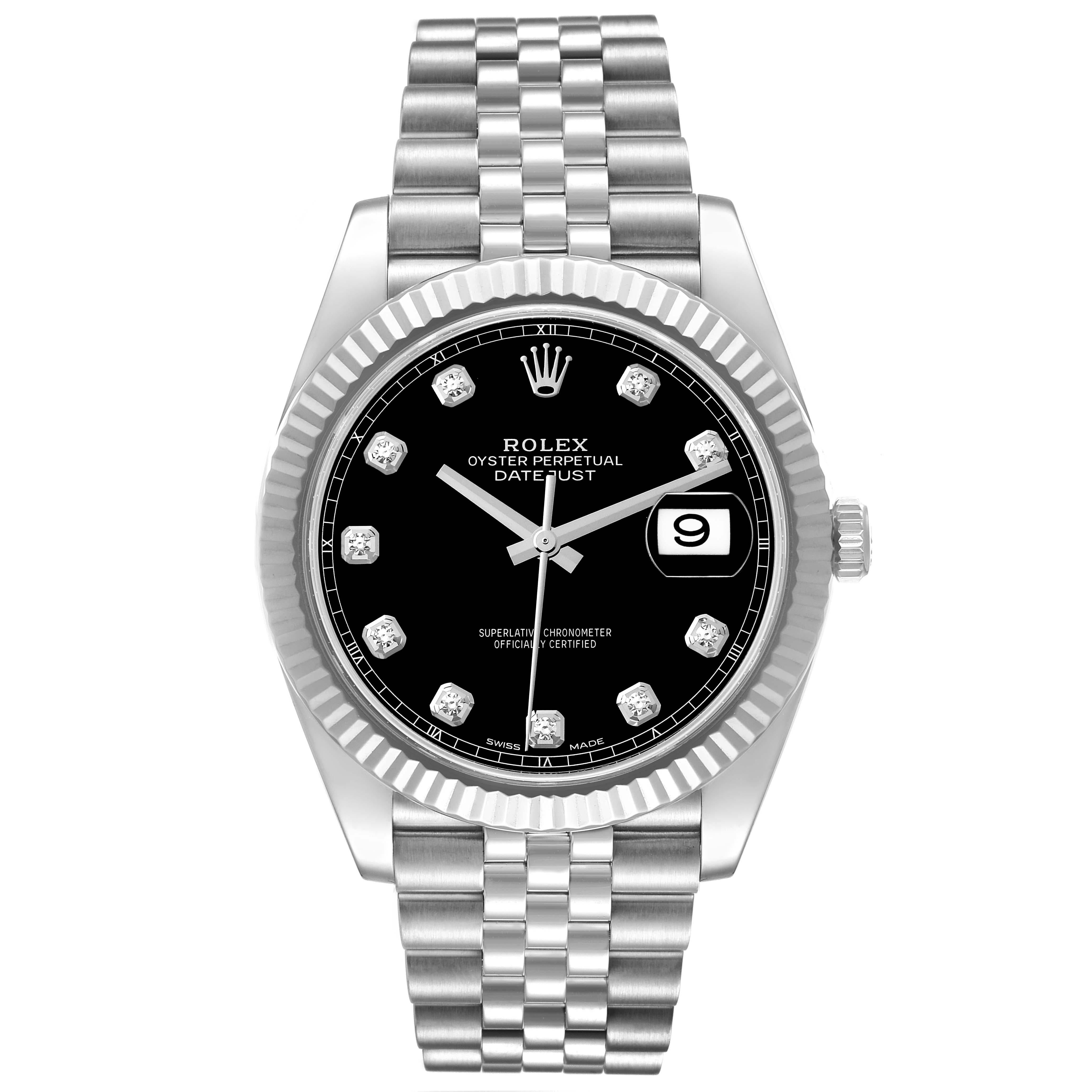 Rolex Datejust 41 Steel White Gold Black Diamond Dial Mens Watch 126334. Officially certified chronometer automatic self-winding movement. Stainless steel case 41 mm in diameter. Rolex logo on a crown. 18K white gold fluted bezel. Scratch resistant