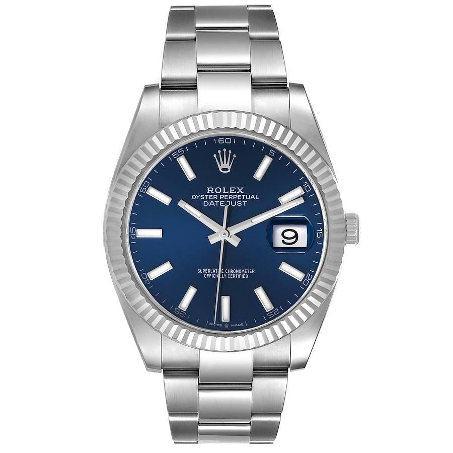 Rolex Datejust 41 Steel White Gold Blue Dial Mens Watch 126334 Box Card. Officially certified chronometer automatic self-winding movement. Stainless steel case 41 mm in diameter. Rolex logo on a crown. 18K white gold fluted bezel. Scratch resistant