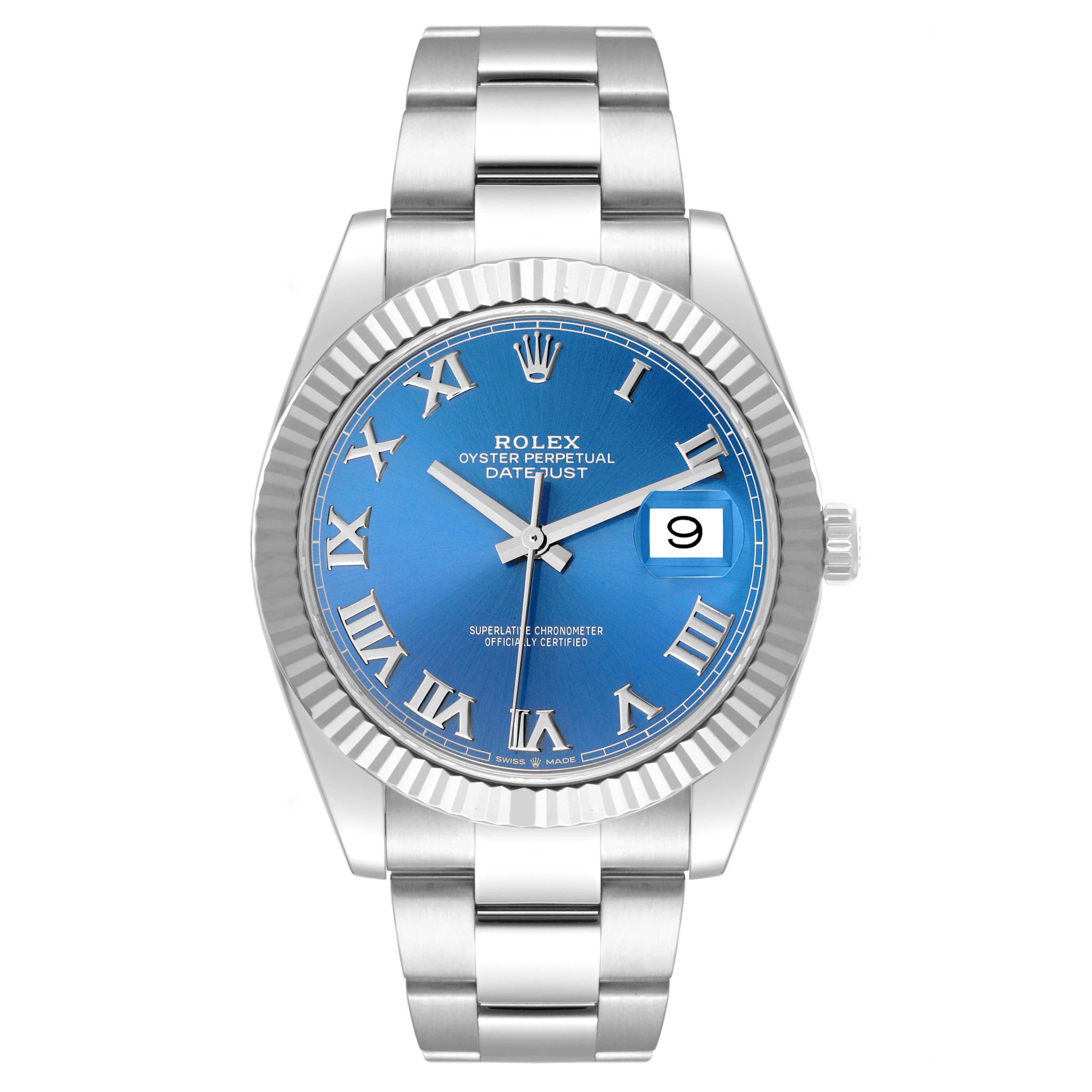 Rolex Datejust 41 Steel White Gold Blue Dial Mens Watch 126334 Box Card. Officially certified chronometer automatic self-winding movement. Stainless steel case 41 mm in diameter. Rolex logo on the crown. 18K white gold fluted bezel. Scratch