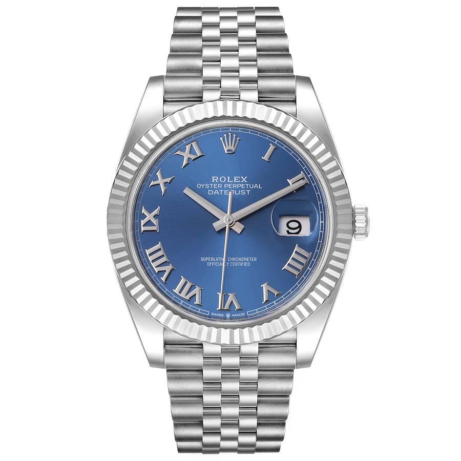 Rolex Datejust 41 Steel White Gold Blue Dial Mens Watch 126334 Unworn. Officially certified chronometer automatic self-winding movement. Stainless steel case 41 mm in diameter. Rolex logo on a crown. 18K white gold fluted bezel. Scratch resistant