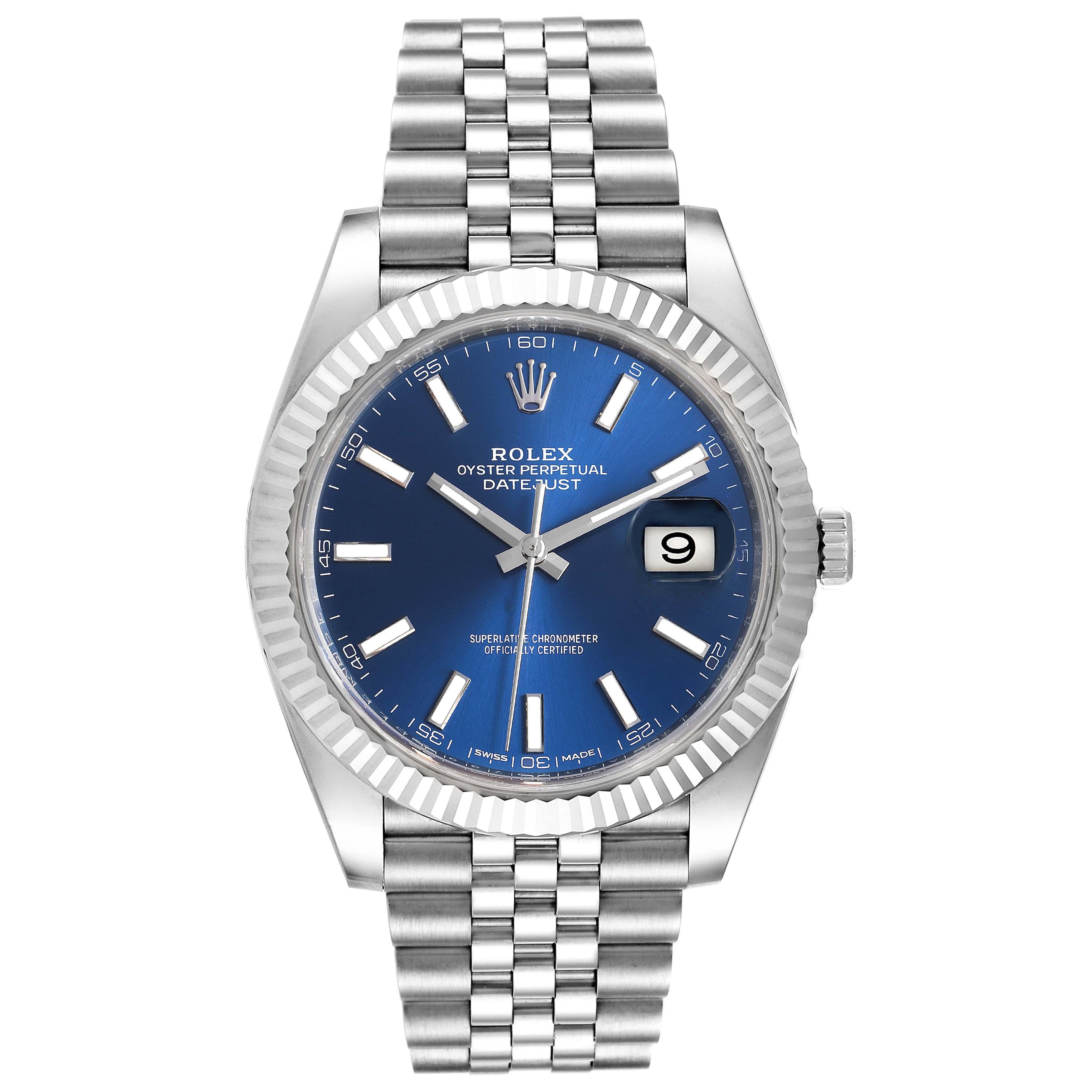 Rolex Datejust 41 Steel White Gold Blue Dial Steel Mens Watch 126334. Officially certified chronometer automatic self-winding movement. Stainless steel case 41 mm in diameter. Rolex logo on a crown. 18K white gold fluted bezel. Scratch resistant