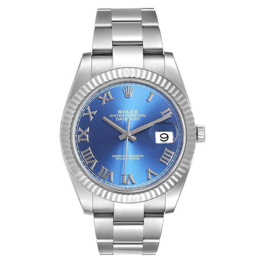 Rolex Datejust 41 Steel White Gold Blue Dial Steel Mens Watch 126334 Unworn. Officially certified chronometer automatic self-winding movement. Stainless steel case 41 mm in diameter. Rolex logo on a crown. 18K white gold fluted bezel. Scratch