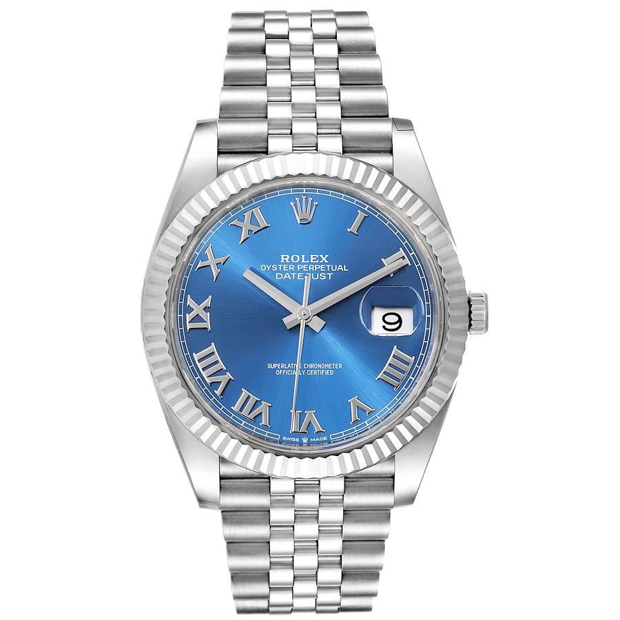 Rolex Datejust 41 Steel White Gold Blue Dial Steel Mens Watch 126334 Unworn. Officially certified chronometer automatic self-winding movement. Stainless steel case 41 mm in diameter. Rolex logo on a crown. 18K white gold fluted bezel. Scratch