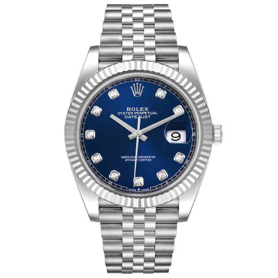 Rolex Datejust 41 Steel White Gold Blue Diamond Dial Mens Watch 126334. Officially certified chronometer automatic self-winding movement. Stainless steel case 41 mm in diameter. Rolex logo on a crown. 18K white gold fluted bezel. Scratch resistant