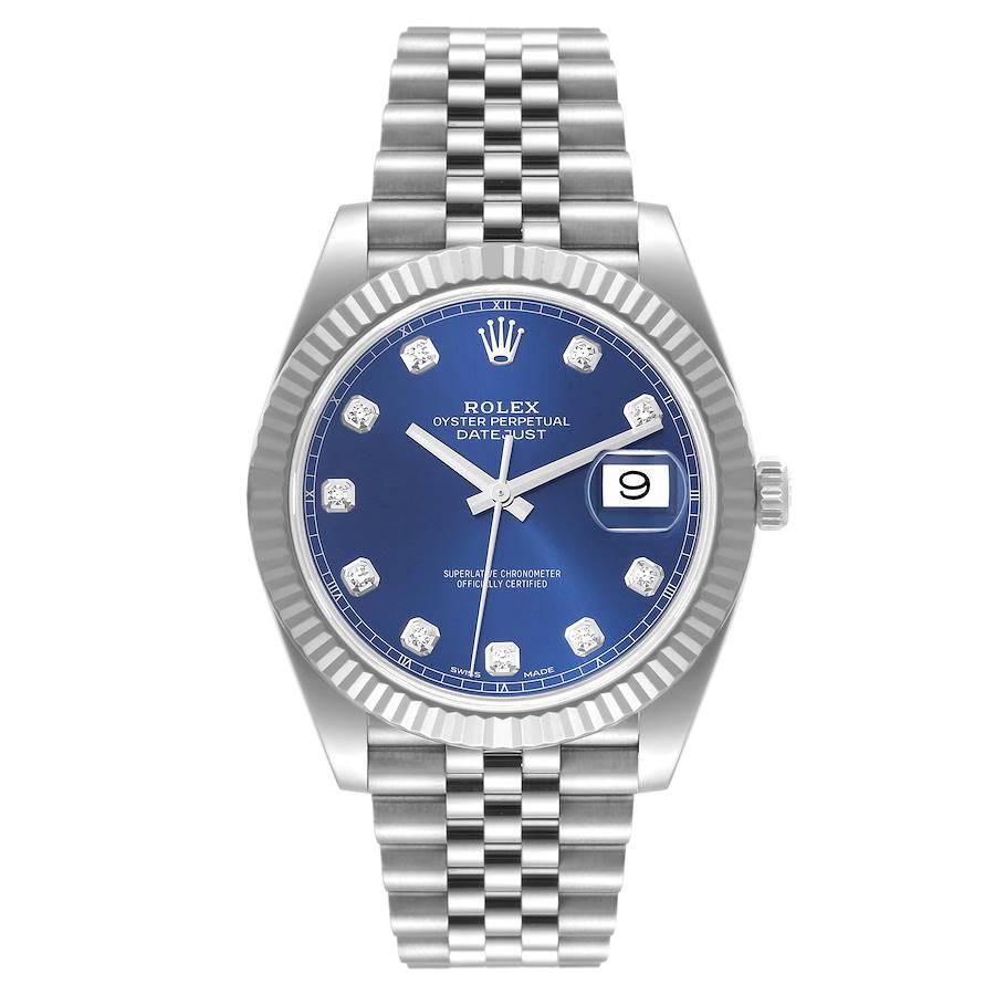 Rolex Datejust 41 Steel White Gold Blue Diamond Dial Mens Watch 126334. Officially certified chronometer automatic self-winding movement. Stainless steel case 41 mm in diameter. Rolex logo on the crown. 18K white gold fluted bezel. Scratch resistant