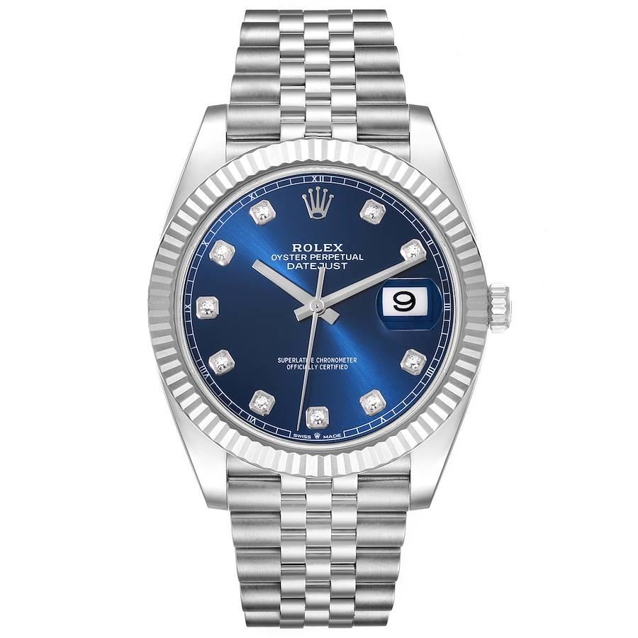 Rolex Datejust 41 Steel White Gold Blue Diamond Dial Mens Watch 126334. Officially certified chronometer automatic self-winding movement. Stainless steel case 41 mm in diameter. Rolex logo on the crown. 18K white gold fluted bezel. Scratch resistant