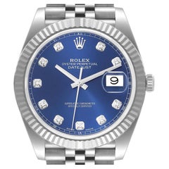 Rolex Datejust 41 Acciaio Oro Bianco Quadrante Blu Diamante Orologio Uomo 126334